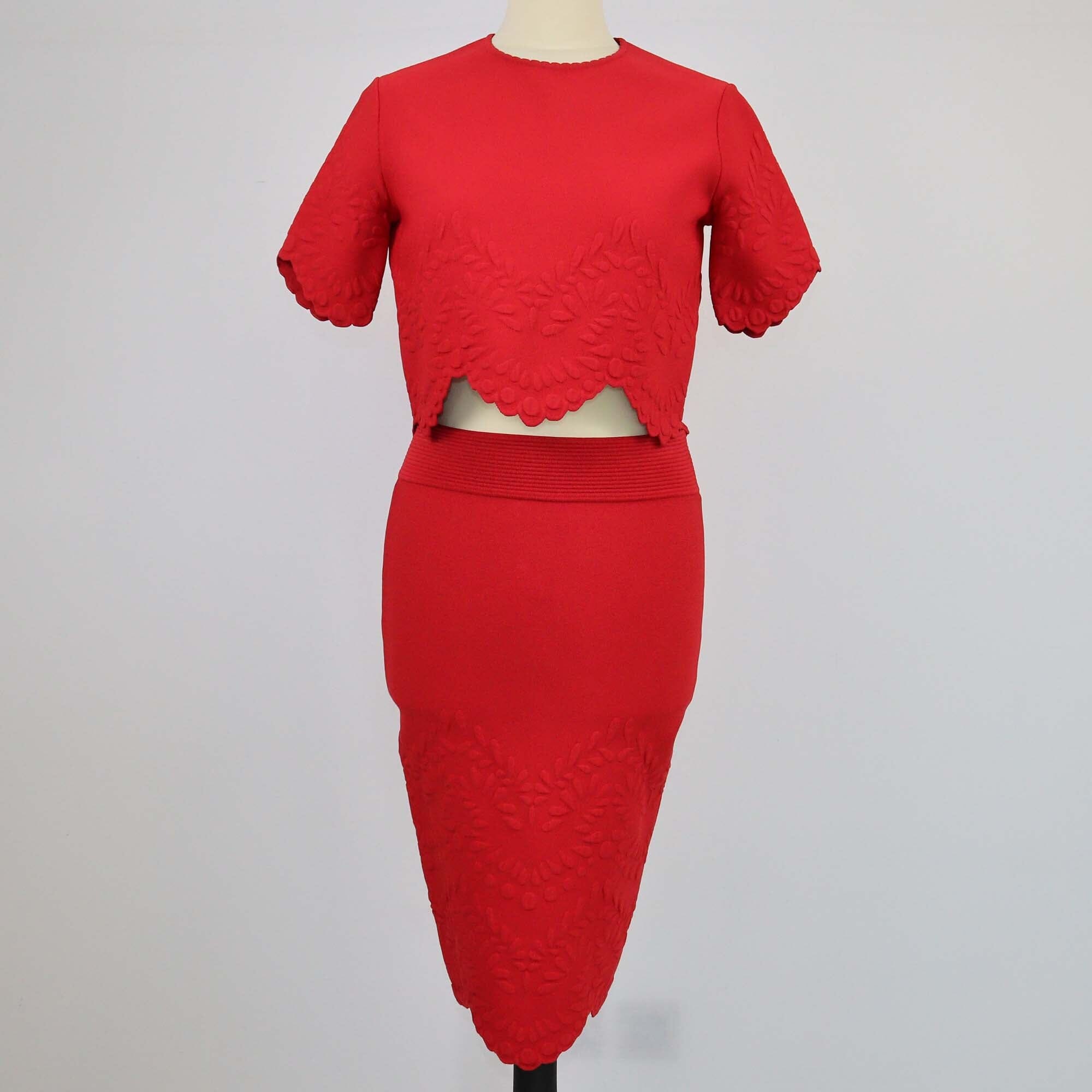 Alexander McQueen Red Embossed Floral Jacquard Knit Crop Top & Skirt Set M Womens Alexander McQueen 