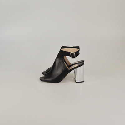 Prada Black/Silver Peep Toe Ankle Strap Sandals Womens Prada 