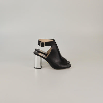 Prada Black/Silver Peep Toe Ankle Strap Sandals Womens Prada 
