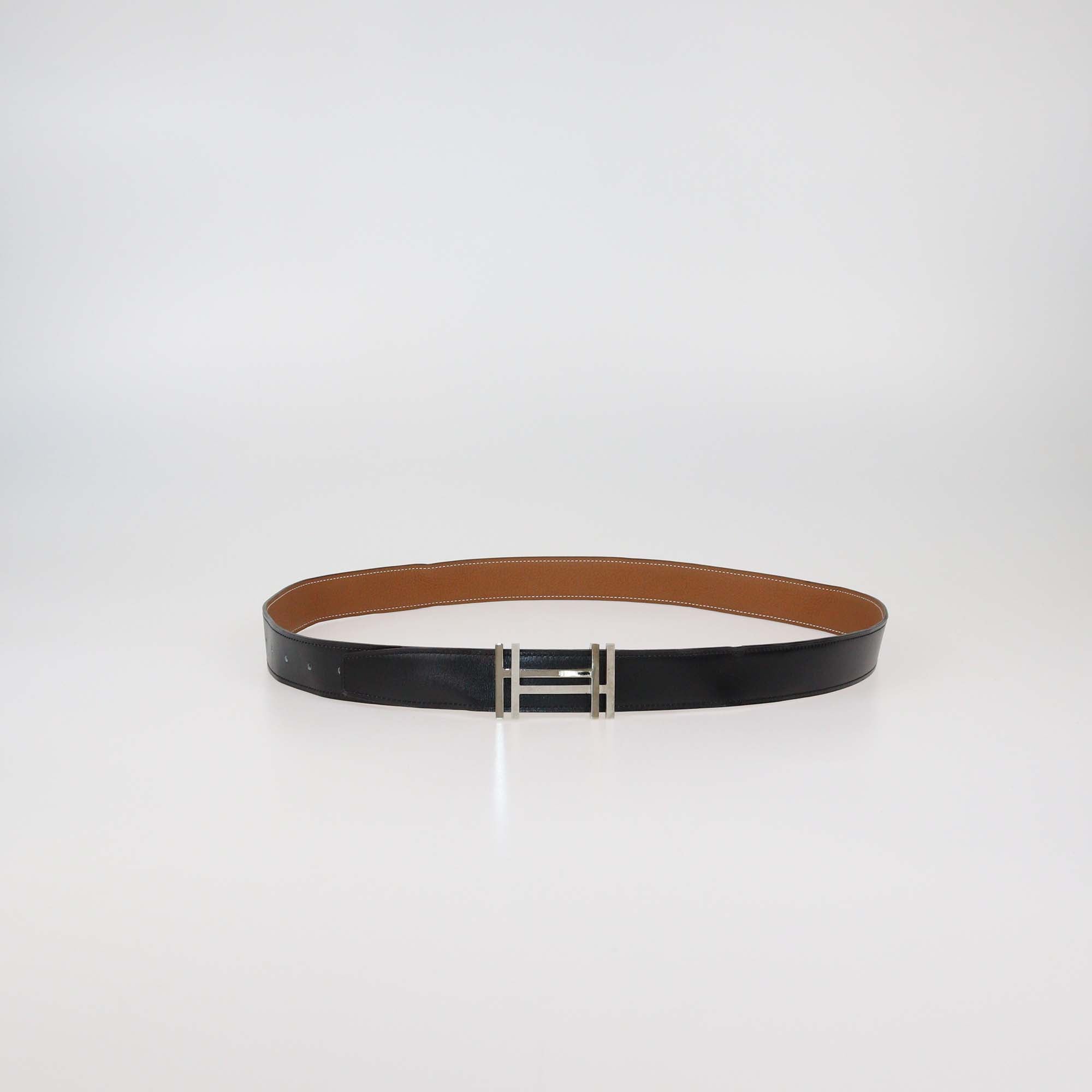 Hermes Black/Gold Box Calf and Togo Leather Reversible H Au Carre Buckle Belt