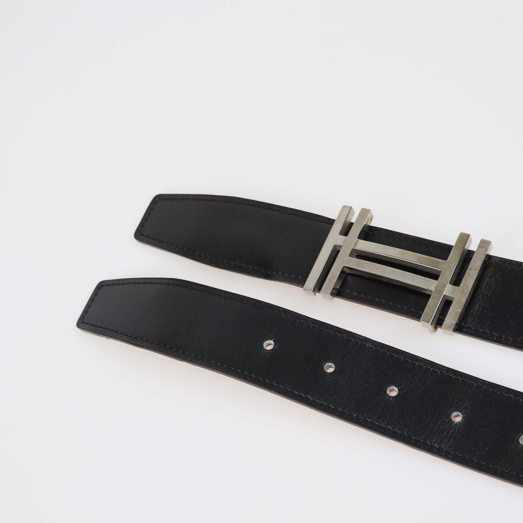 Hermes Black/Gold Box Calf and Togo Leather Reversible H Au Carre Buckle Belt