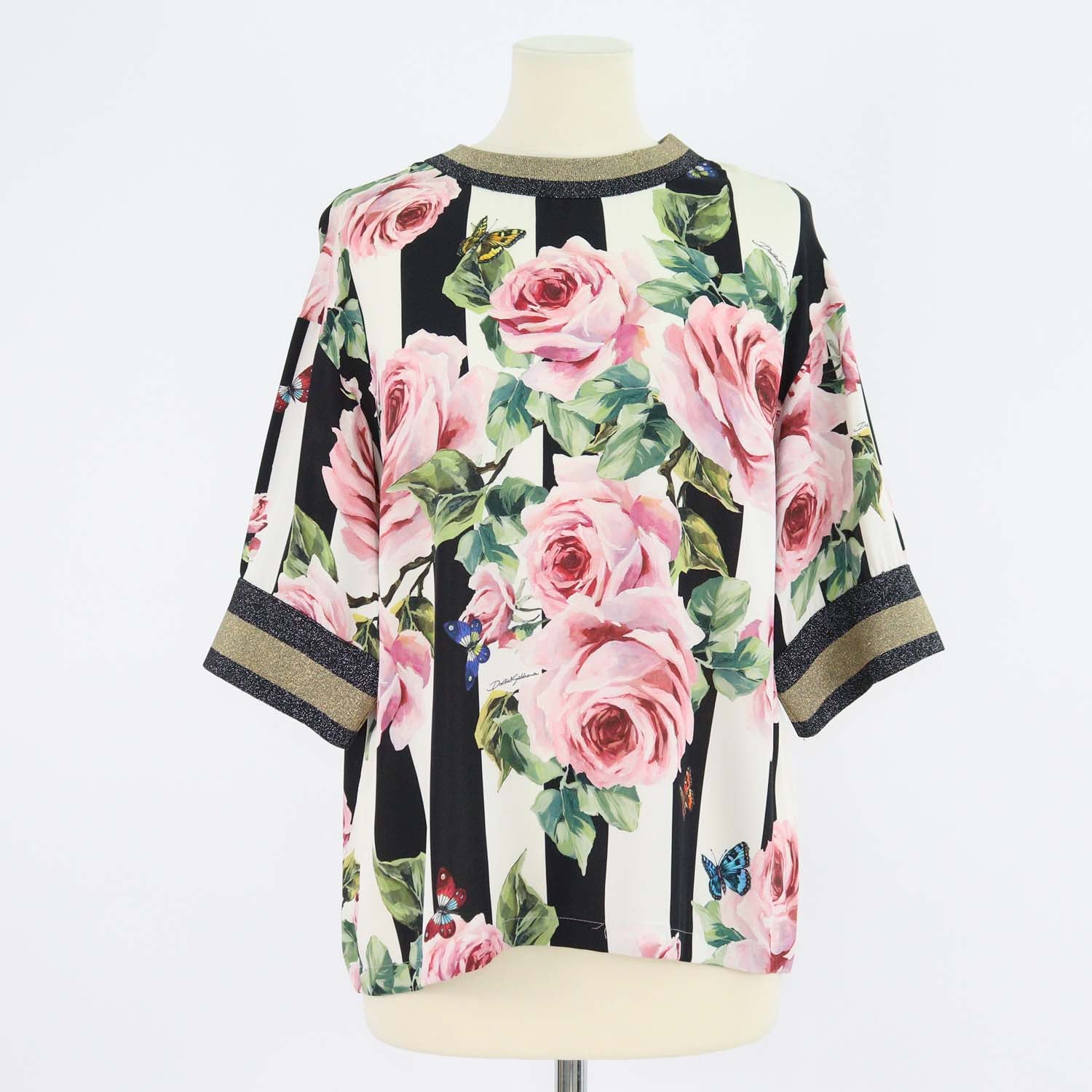 Dolce & Gabbana Multicolor Silk Rose Printed Knit Applique Detail Short Sleeve Top
