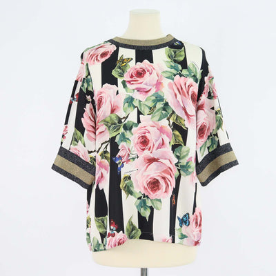 Dolce & Gabbana Multicolor Silk Rose Printed Knit Applique Detail Short Sleeve Top