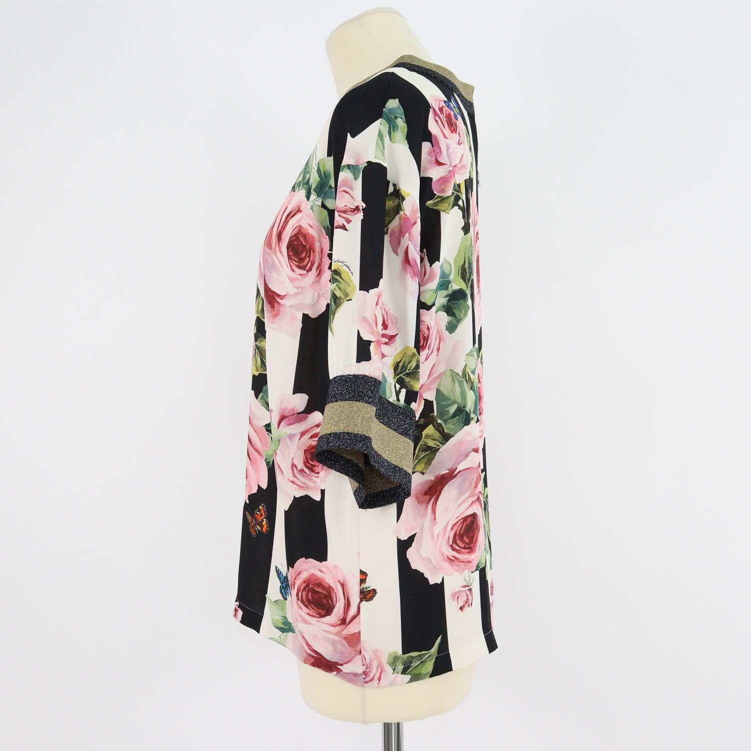 Dolce & Gabbana Multicolor Silk Rose Printed Knit Applique Detail Short Sleeve Top
