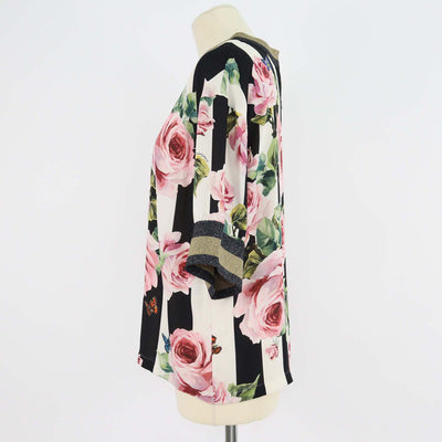 Dolce & Gabbana Multicolor Silk Rose Printed Knit Applique Detail Short Sleeve Top