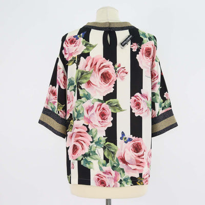 Dolce & Gabbana Multicolor Silk Rose Printed Knit Applique Detail Short Sleeve Top