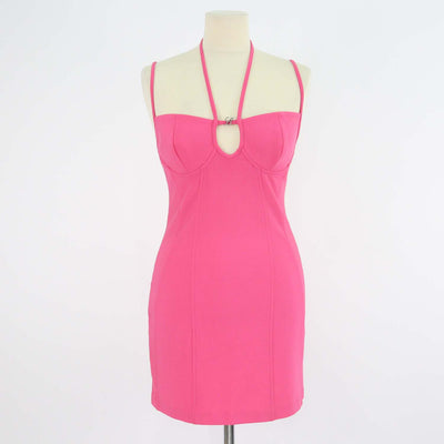 Blumarine Pink Blend Viscose Logo Embellished Mini Dress