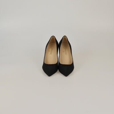 Chanel Black Embroidered Cap Pointed Toe Pumps Womens Chanel 