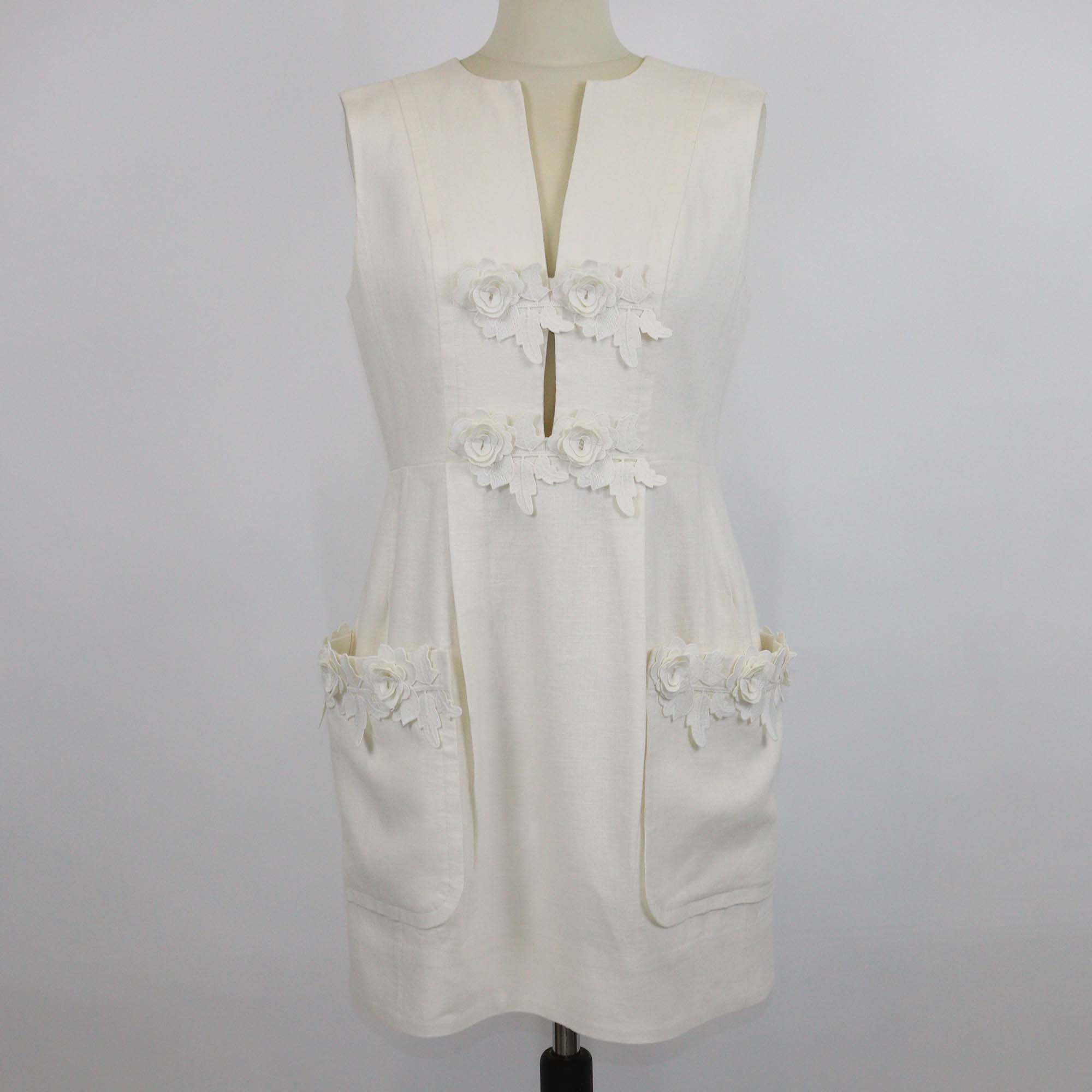 Oroton Cream Linen Flower Applique Sleeveless Dress