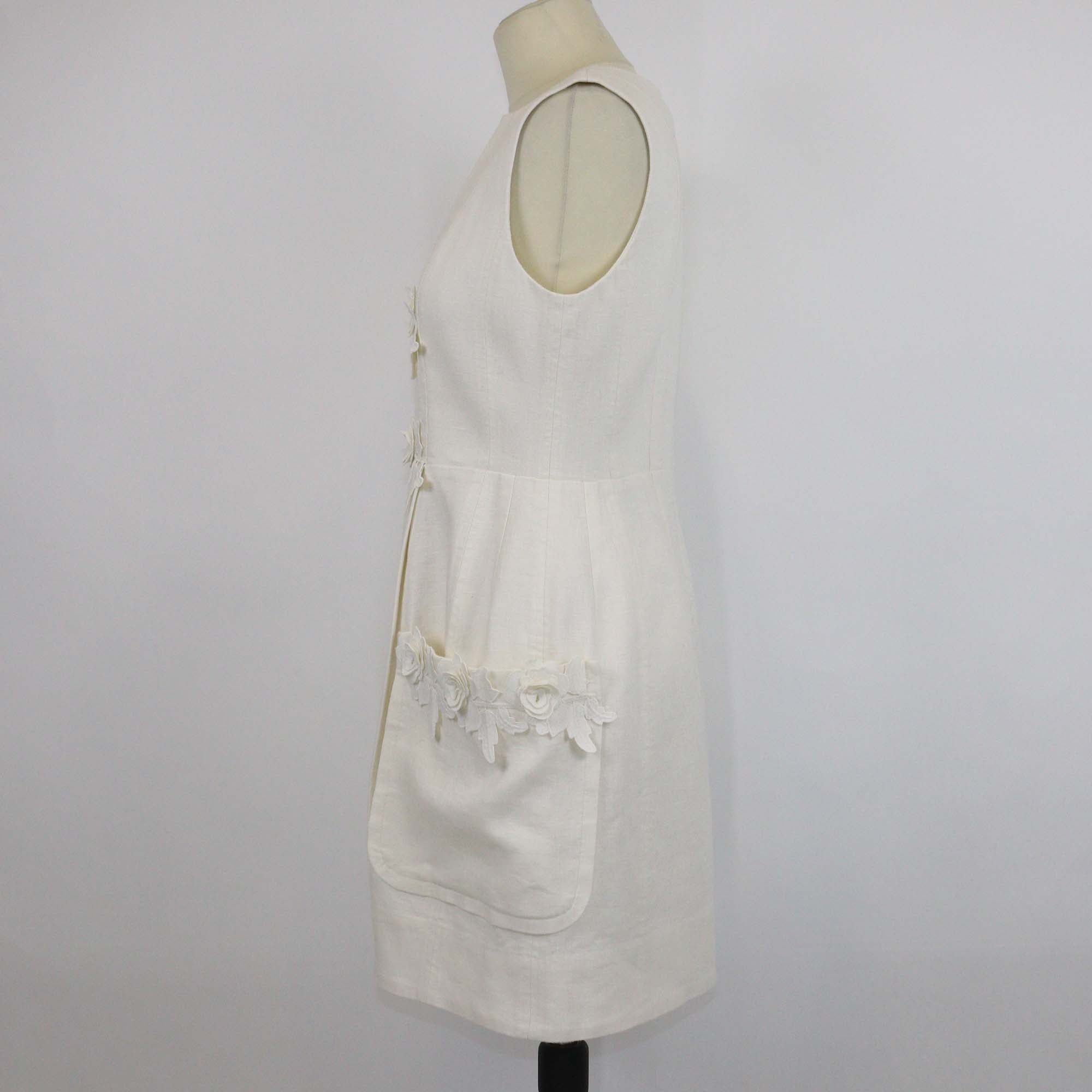 Oroton Cream Linen Flower Applique Sleeveless Dress