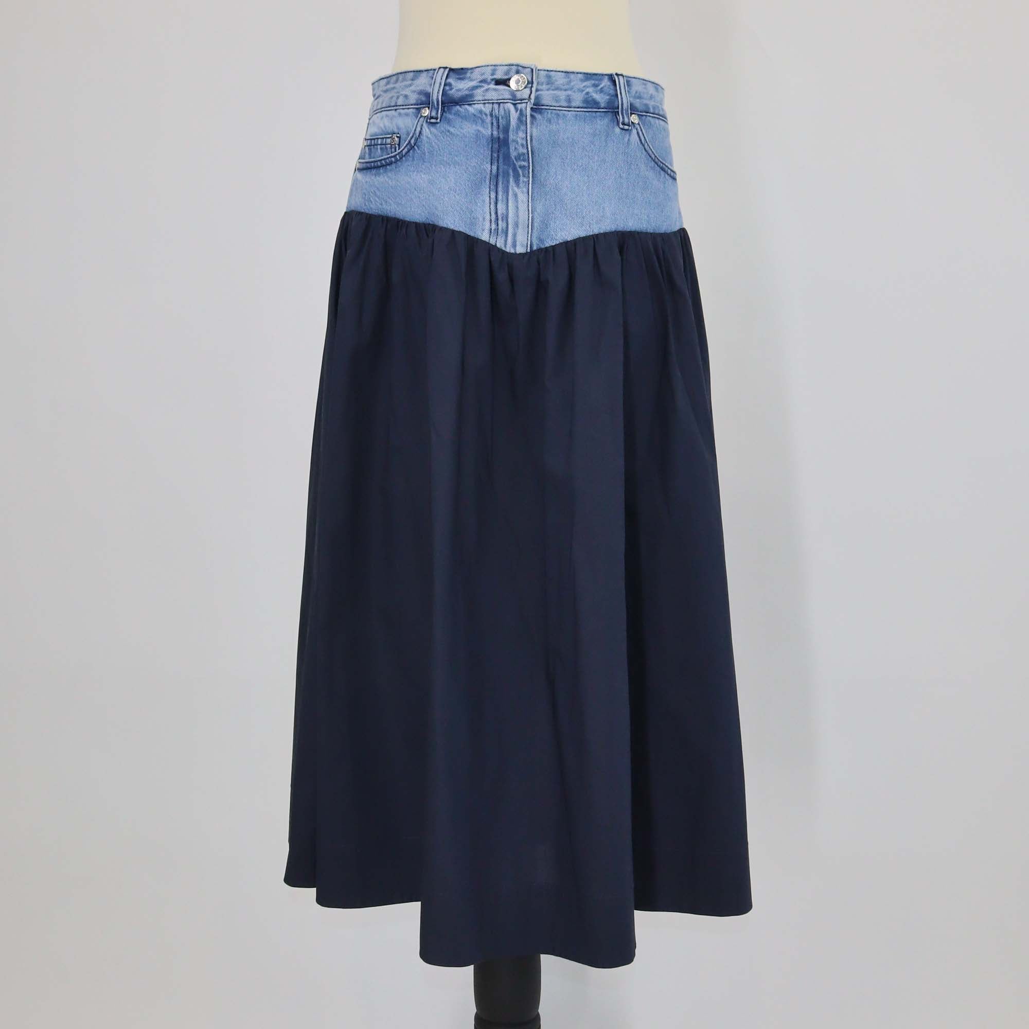 Sandro Blue Denim and Nylon Hybrid Midi Skirt