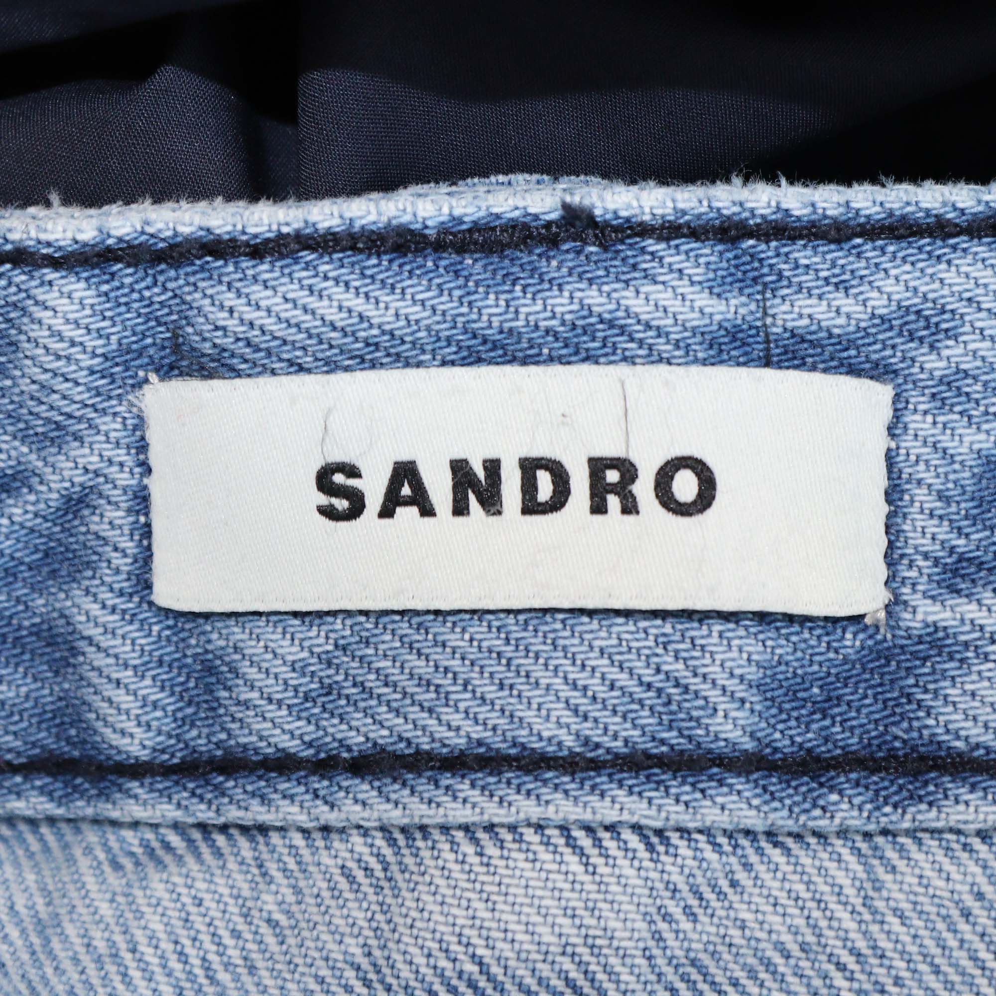 Sandro Blue Denim and Nylon Hybrid Midi Skirt