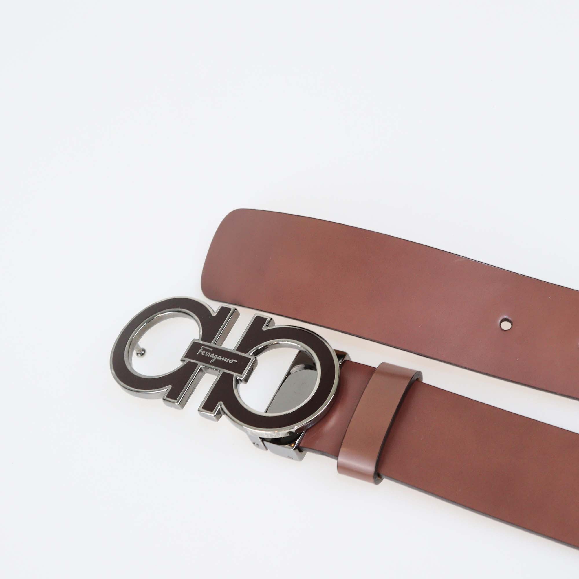 Salvatore Ferragamo Brown Leather Gancini Buckle Belt