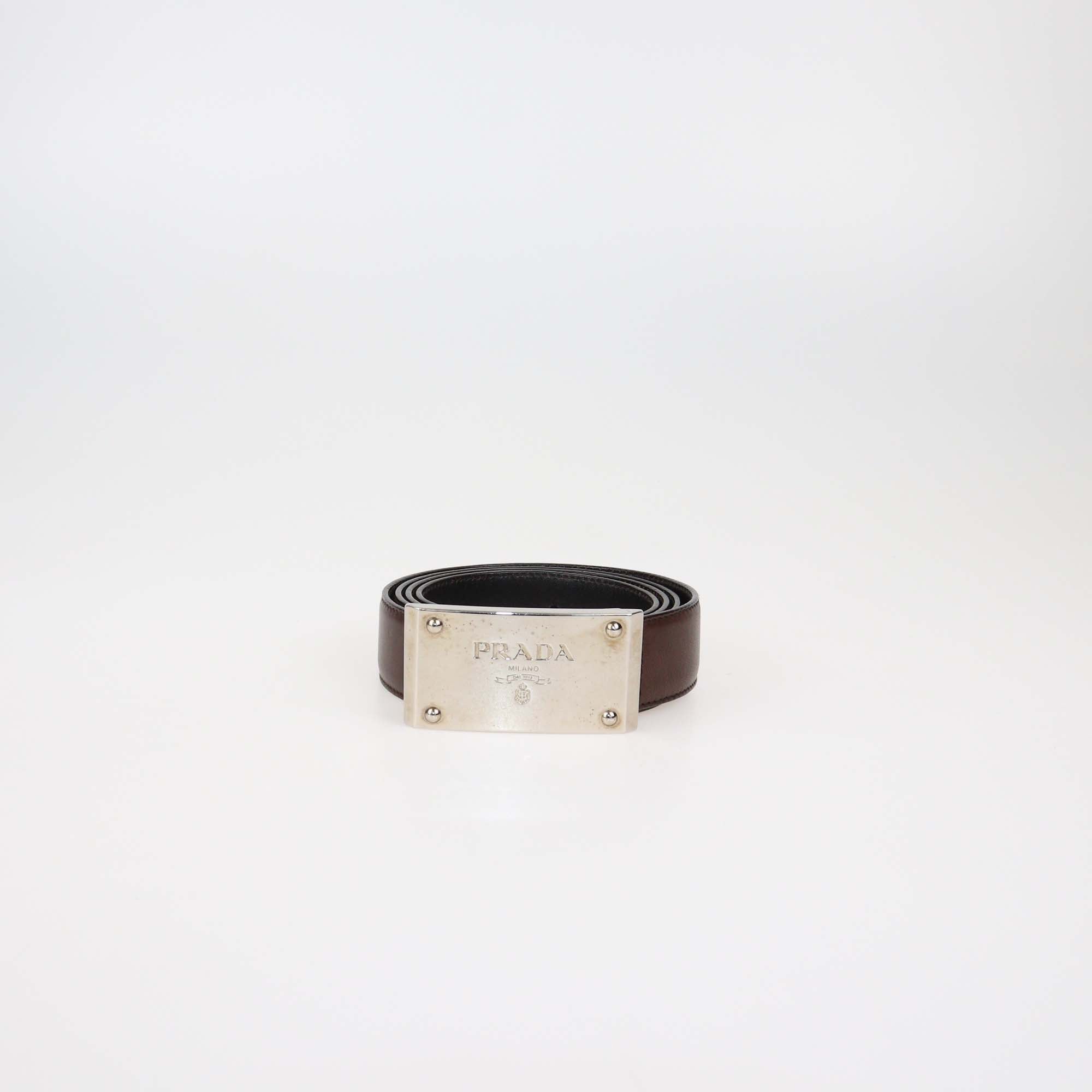 Prada Dark Brown Leather Logo Buckle Belt