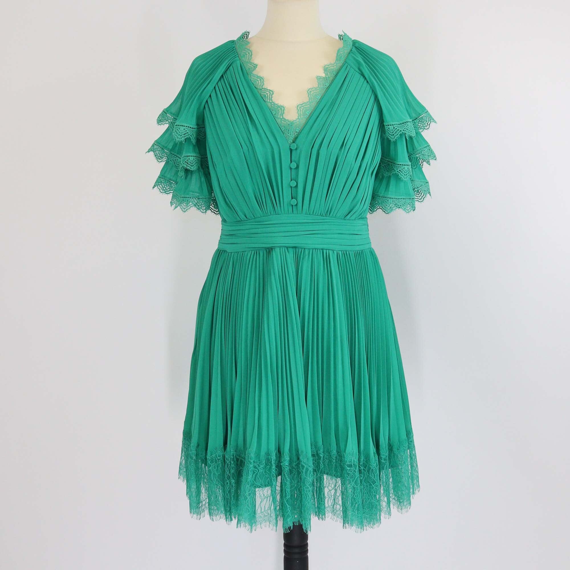 Self-Portrait Green Pleated Chiffon Mini Dress Womens Self-Portrait 