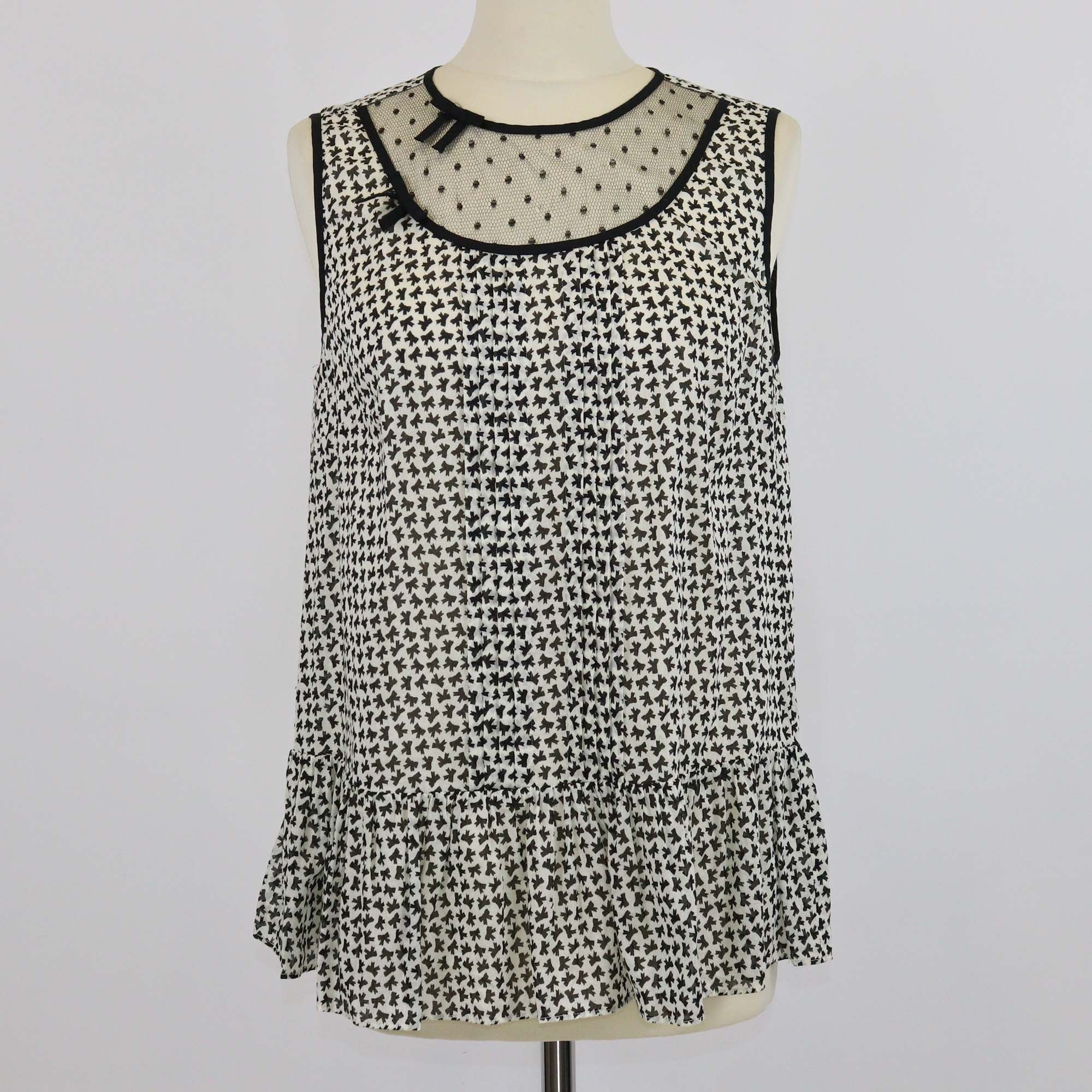 Red Valentino Black/White Cotton Bow Printed Pleated Sleeveless Top