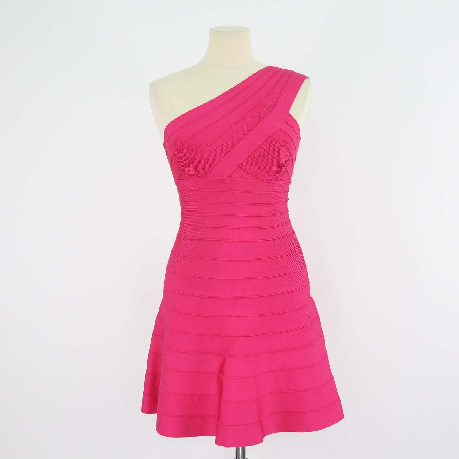 Herve Leger Bright Pink Blend Rayon Knit Bandage One Shoulder Sydney Mini Dress