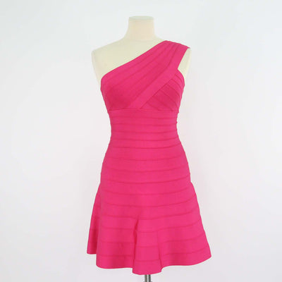 Herve Leger Bright Pink Blend Rayon Knit Bandage One Shoulder Sydney Mini Dress
