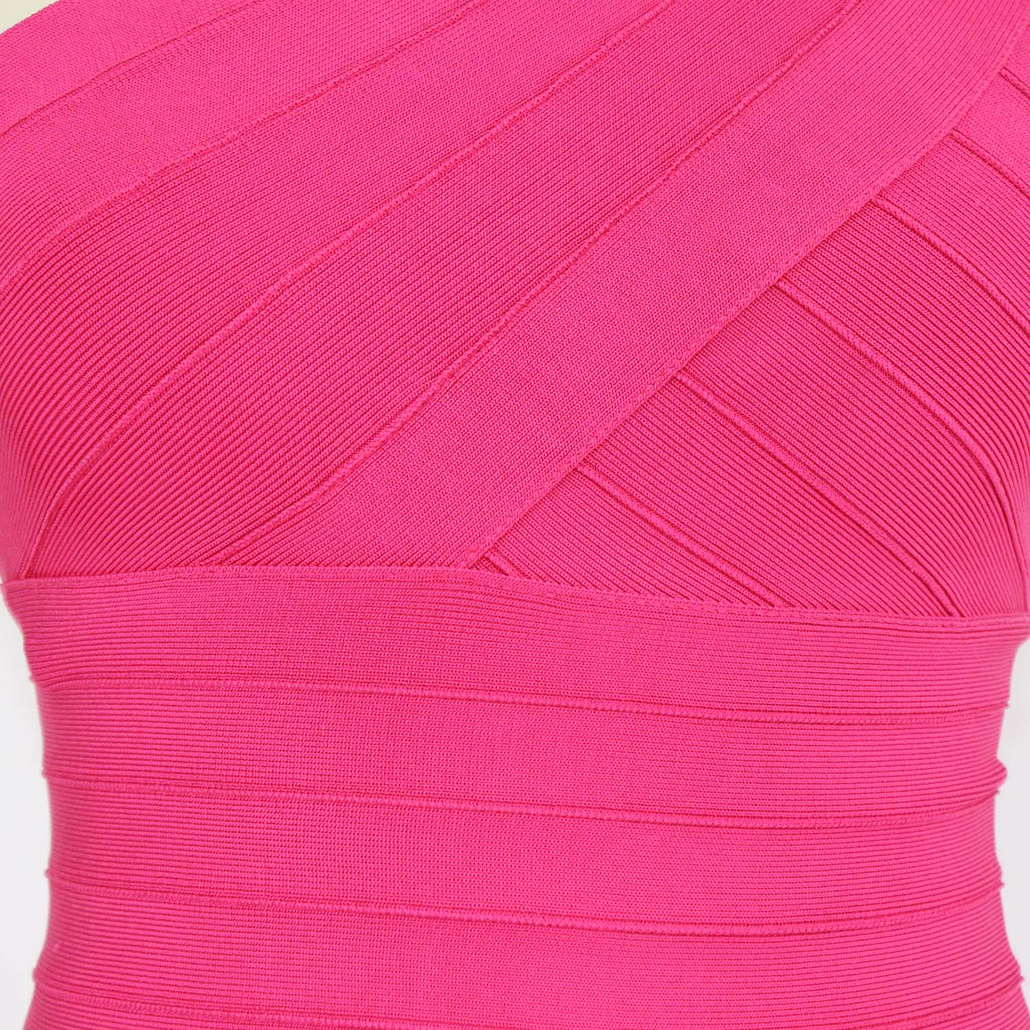 Herve Leger Bright Pink Blend Rayon Knit Bandage One Shoulder Sydney Mini Dress