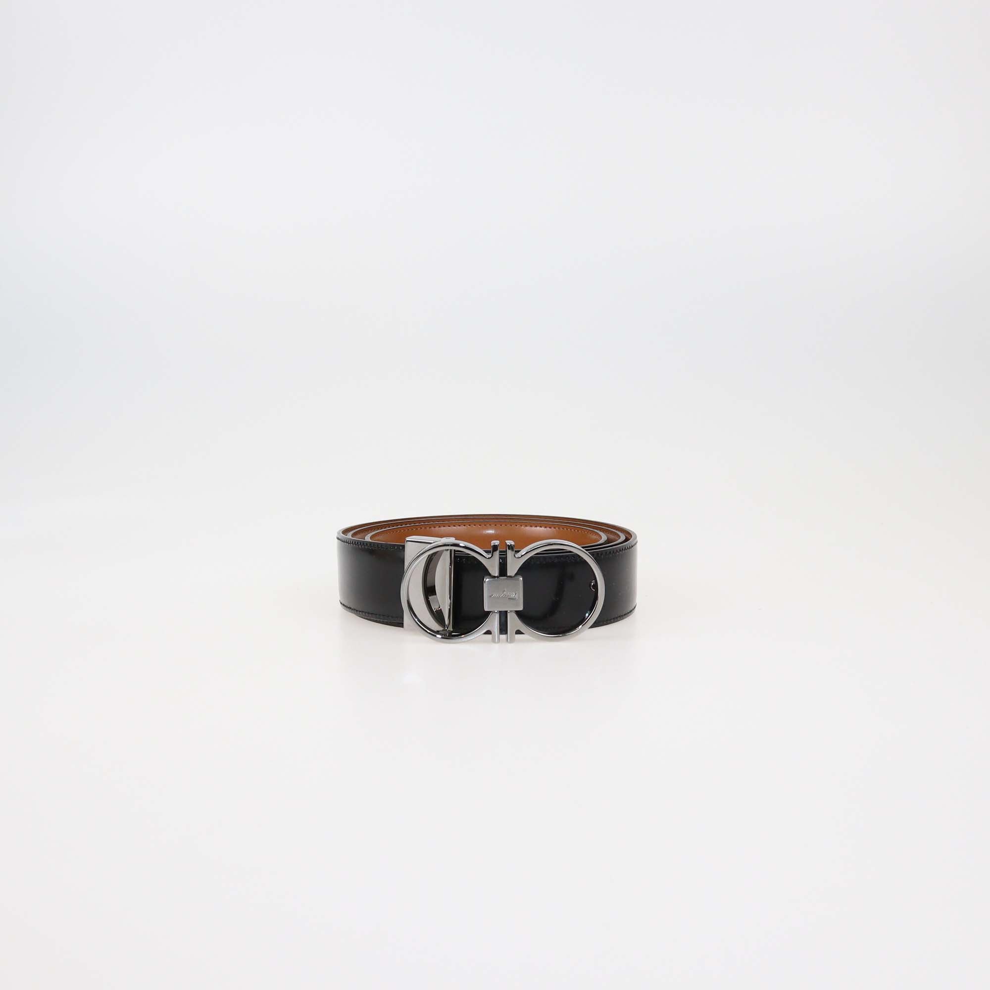 Salvatore Black/Brown Glossy Leather Reversible Gancini Buckle Belt