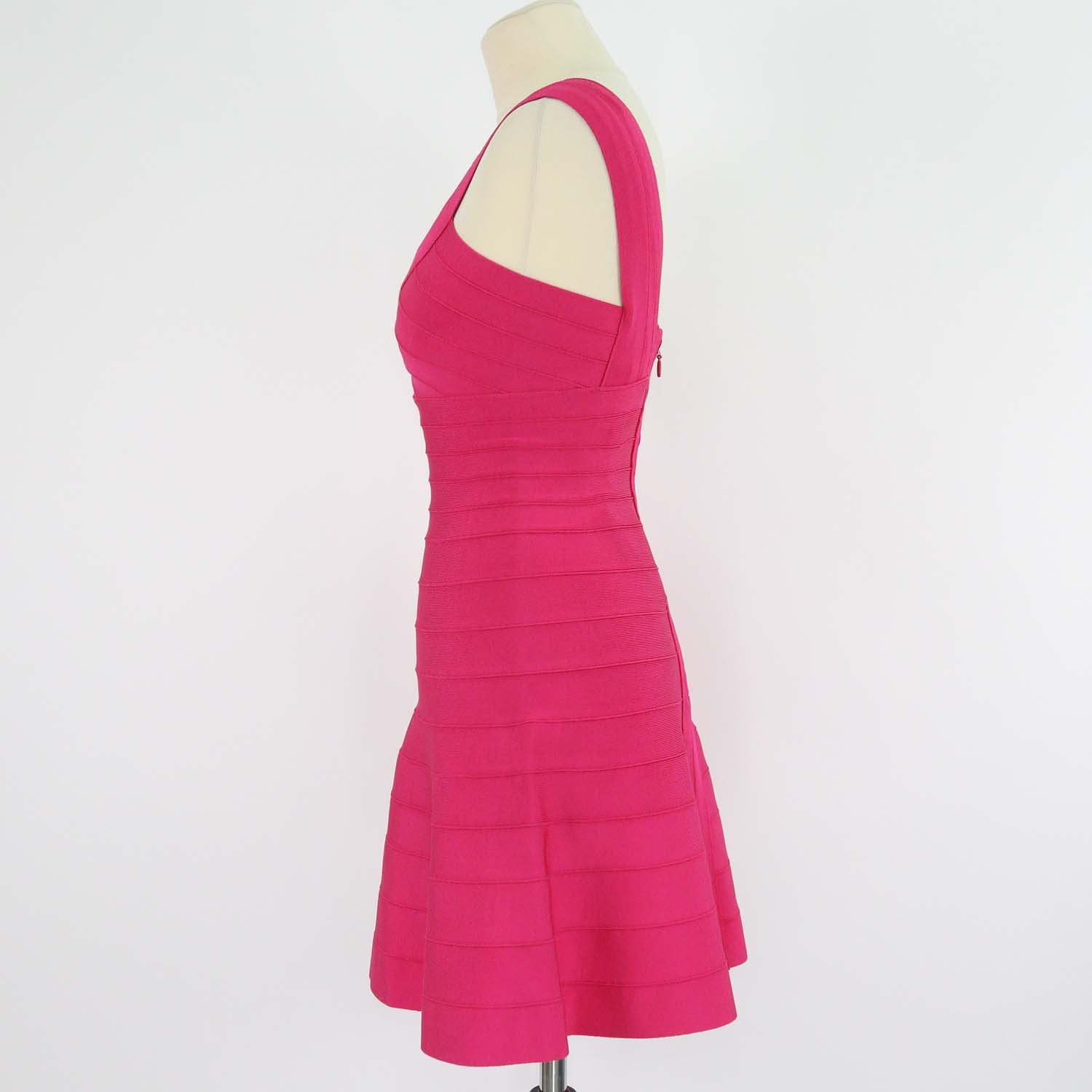 Herve Leger Bright Pink Blend Rayon Knit Bandage One Shoulder Sydney Mini Dress