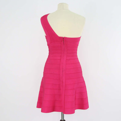 Herve Leger Bright Pink Blend Rayon Knit Bandage One Shoulder Sydney Mini Dress