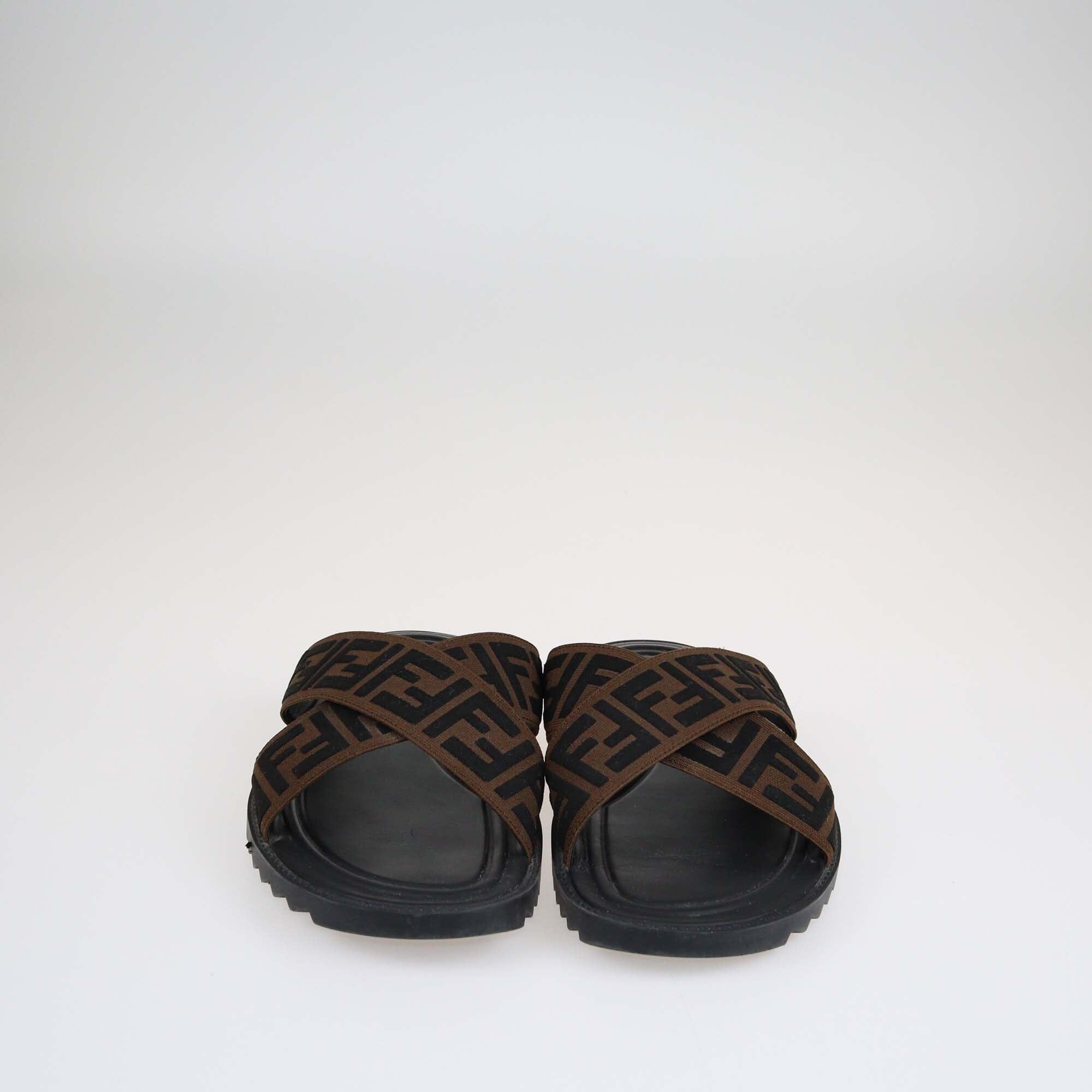 Fendi Brown FF Crisscross Slide Sandals Shoes Fendi 