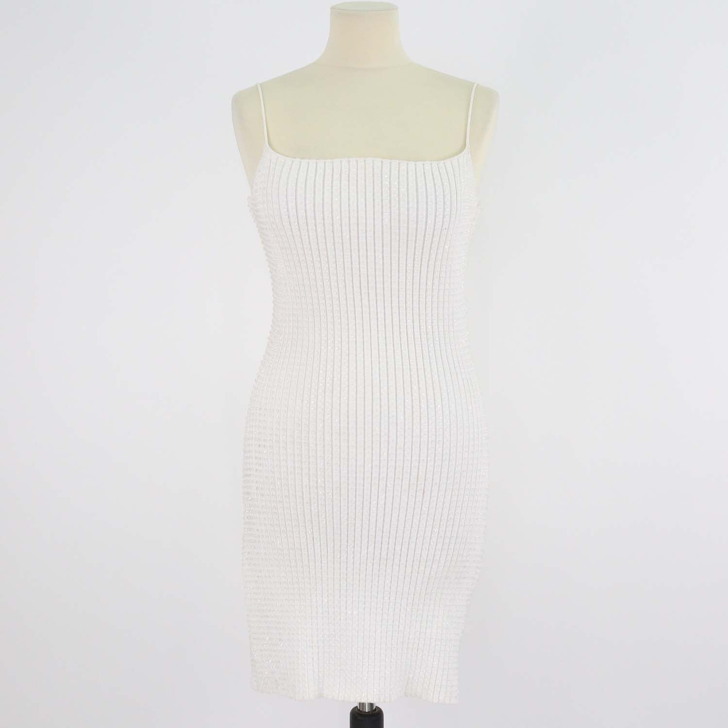 Alexander Wang White Clear Crystals Ribbed Mini Dress