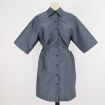 Sandro Bleu Gris Blend Polyester Cut Out Detail Mini Shirt Dress