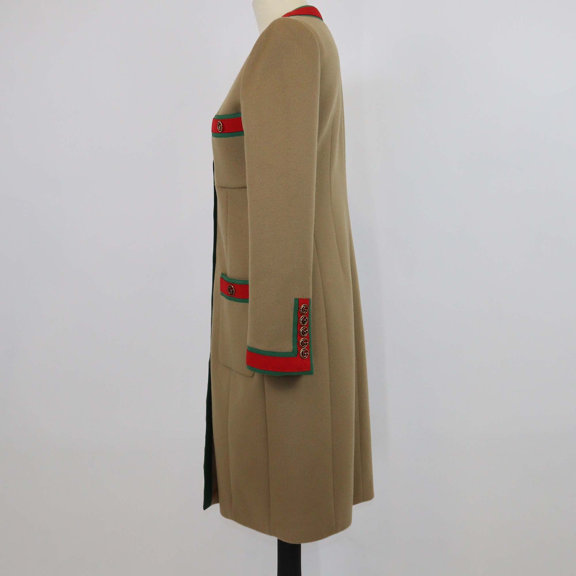 Gucci Brown Wool & Cotton Web Double G Button Knee Length Coat