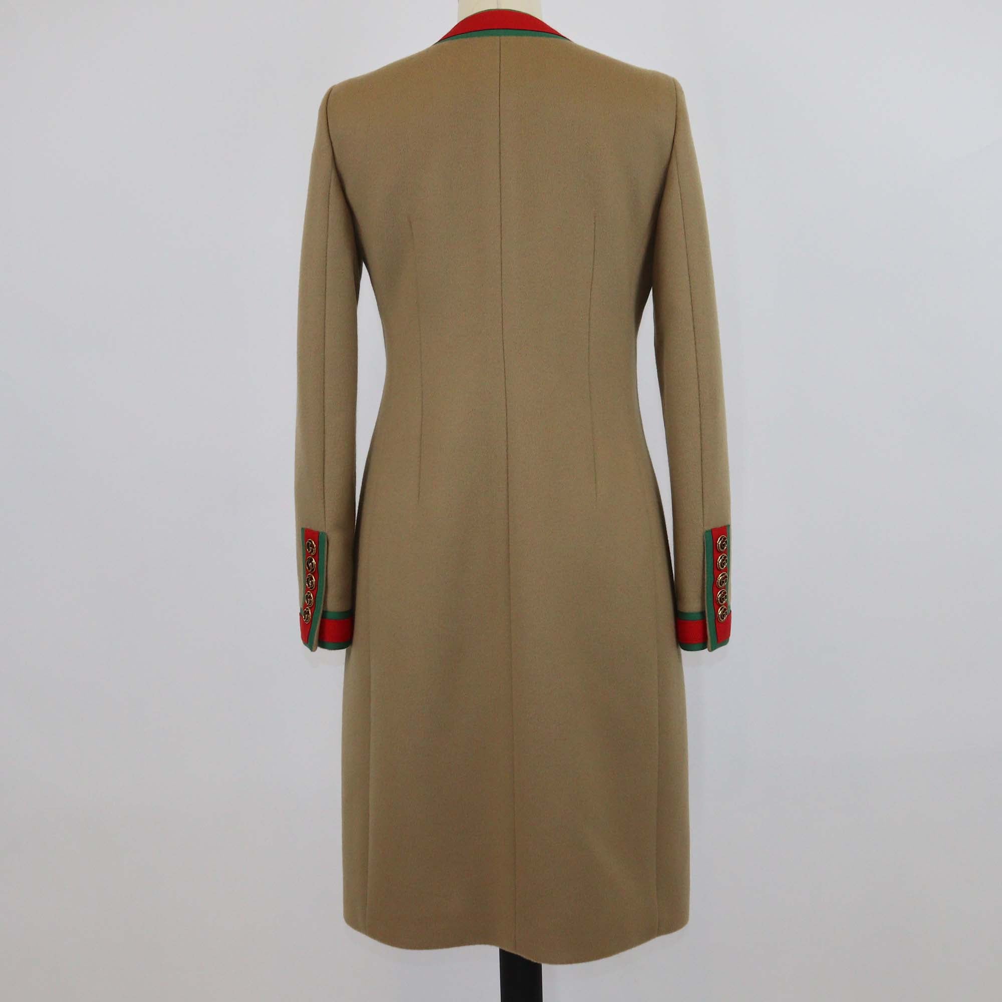 Gucci Brown Wool & Cotton Web Double G Button Knee Length Coat
