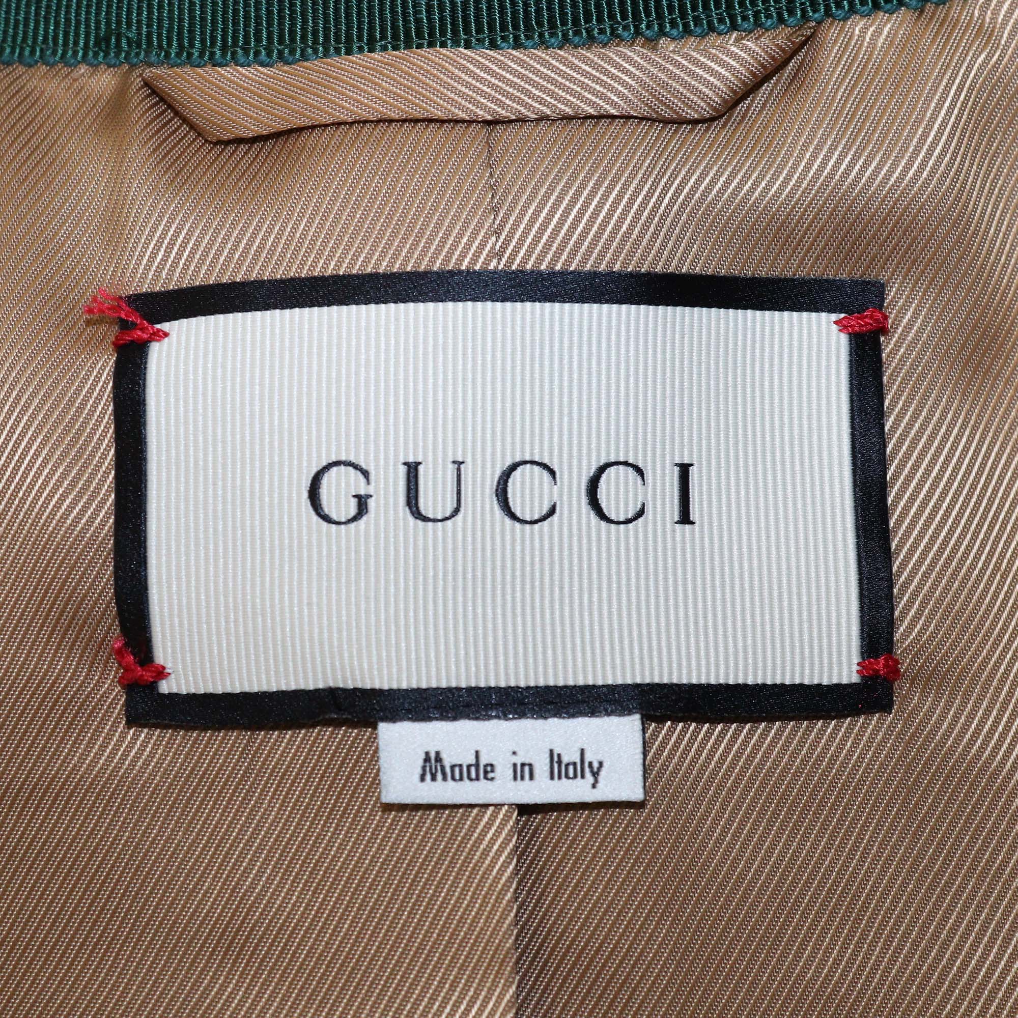 Gucci Brown Wool & Cotton Web Double G Button Knee Length Coat