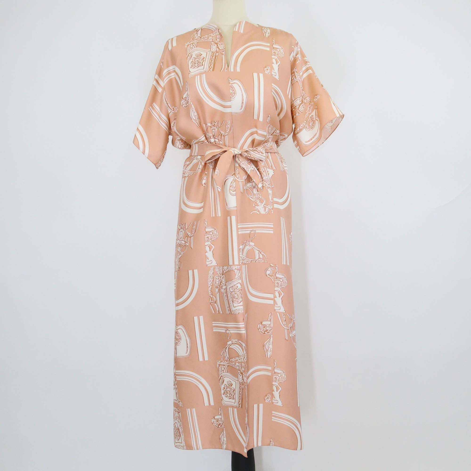 Hermes Beige Silk En Desordre Finesse Print Belted Caftan