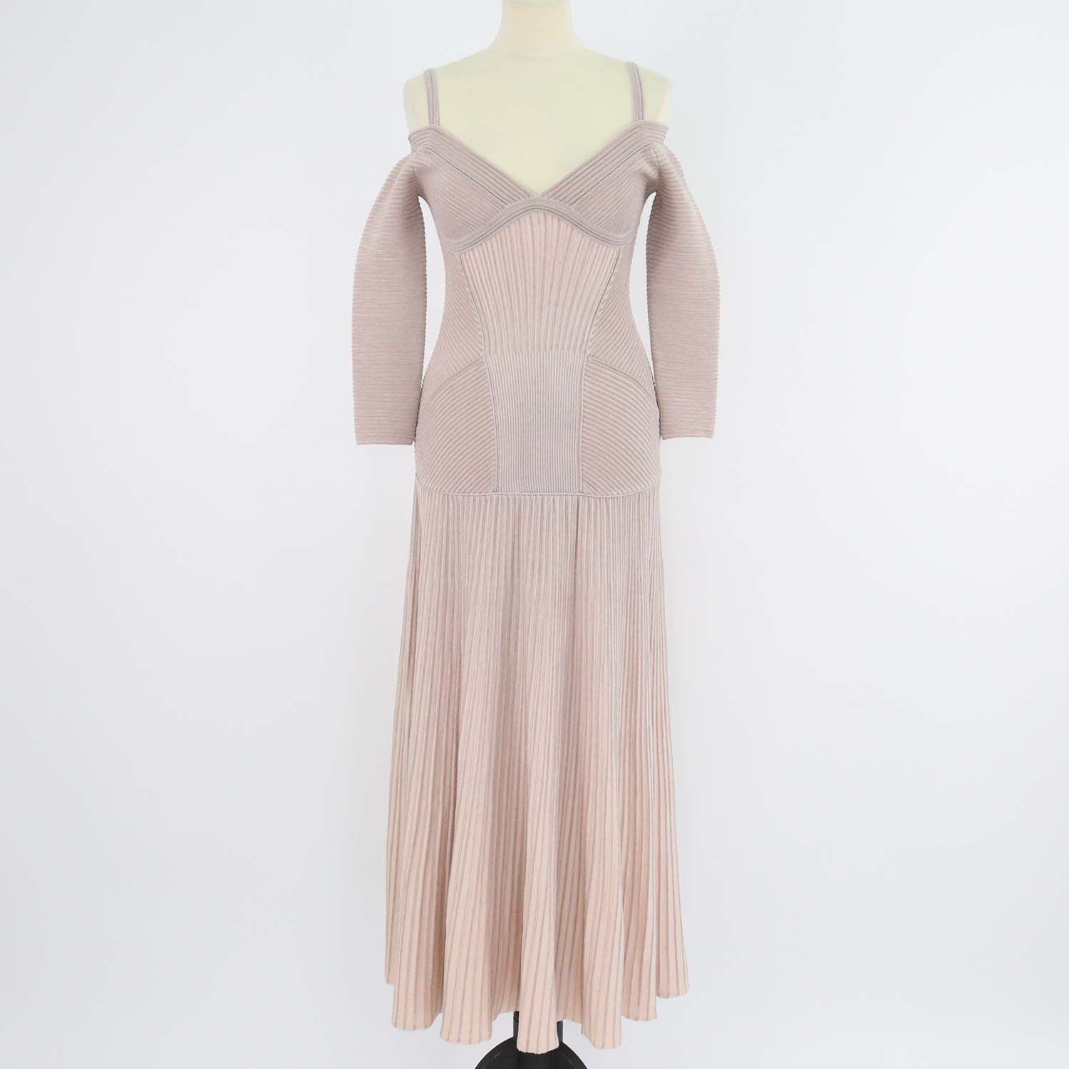 Alexander McQueen Pink Blend Wool Ribbed Knit Off-Shoulder Maxi Dress