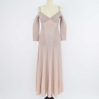 Alexander McQueen Pink Blend Wool Ribbed Knit Off-Shoulder Maxi Dress