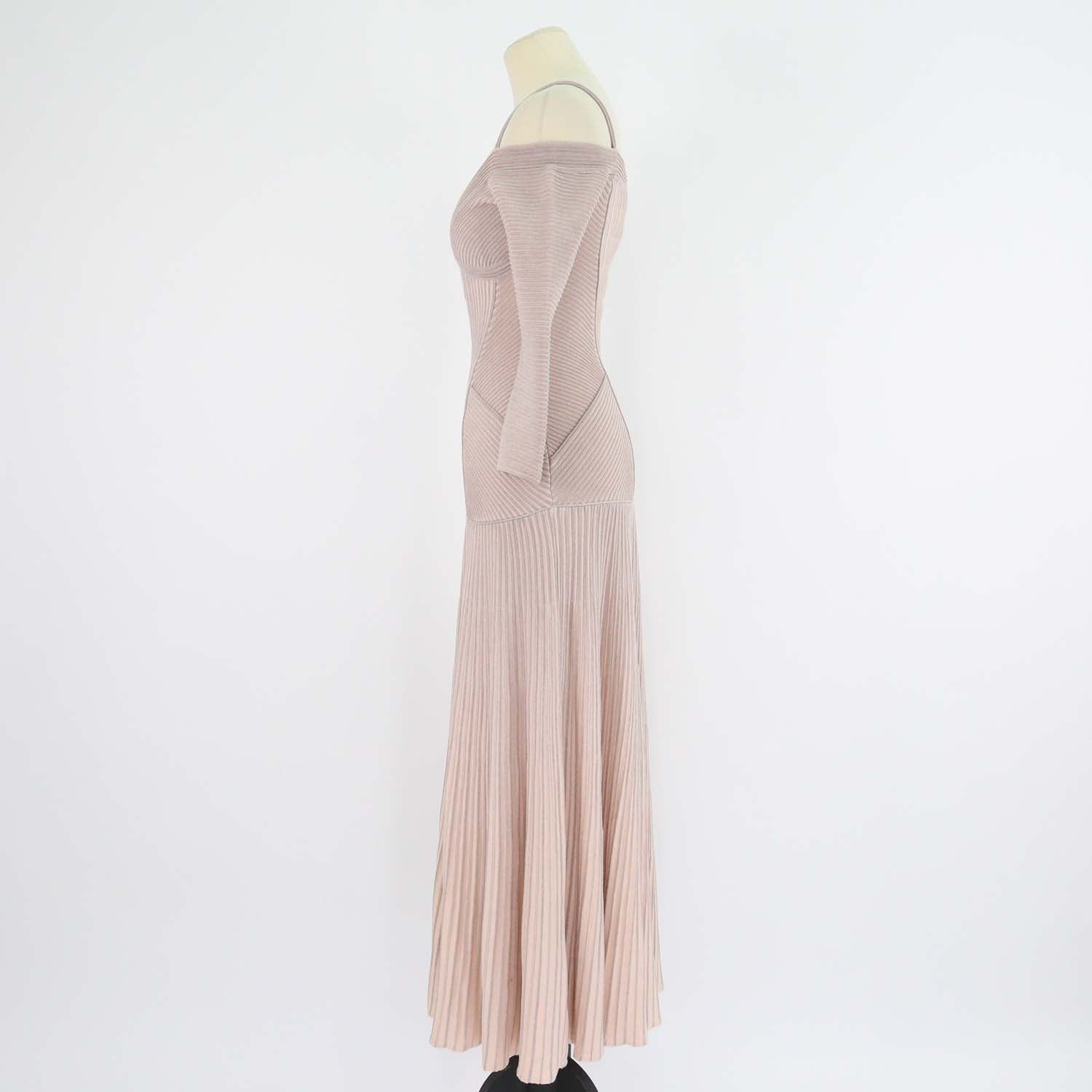 Alexander McQueen Pink Blend Wool Ribbed Knit Off-Shoulder Maxi Dress