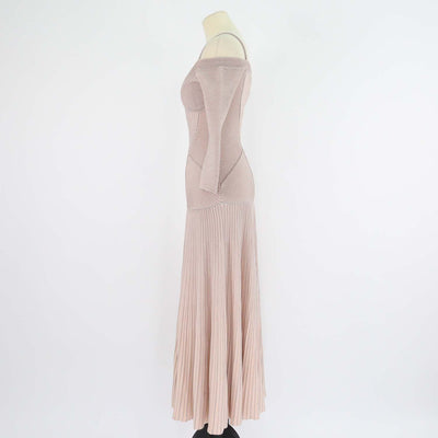 Alexander McQueen Pink Blend Wool Ribbed Knit Off-Shoulder Maxi Dress