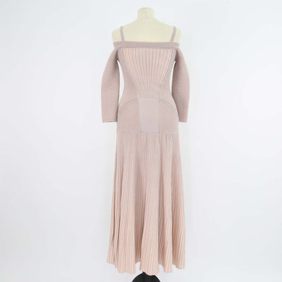 Alexander McQueen Pink Blend Wool Ribbed Knit Off-Shoulder Maxi Dress