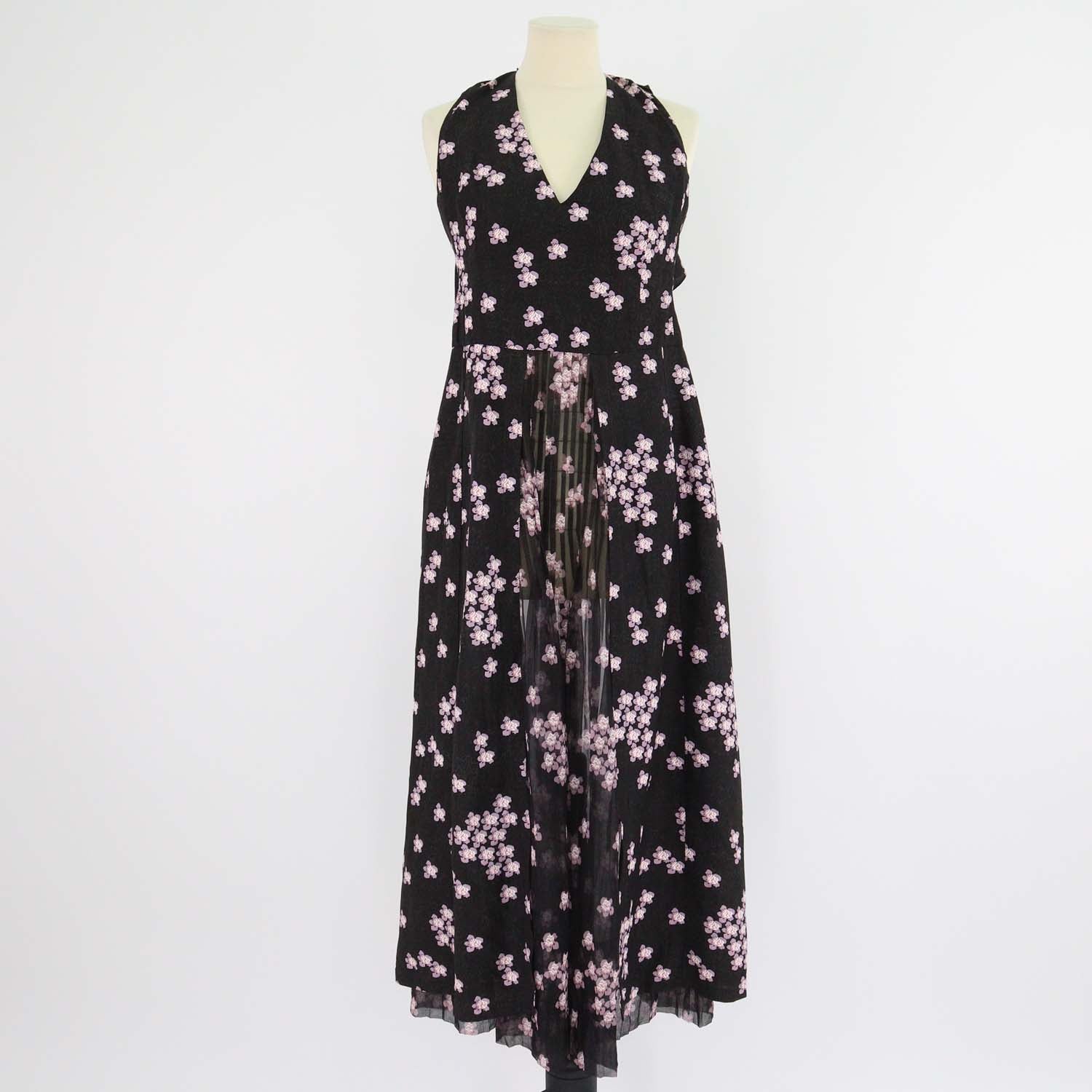 Marni Black/Pink Blend Silk Printed Sakura V-Neck Midi Dress