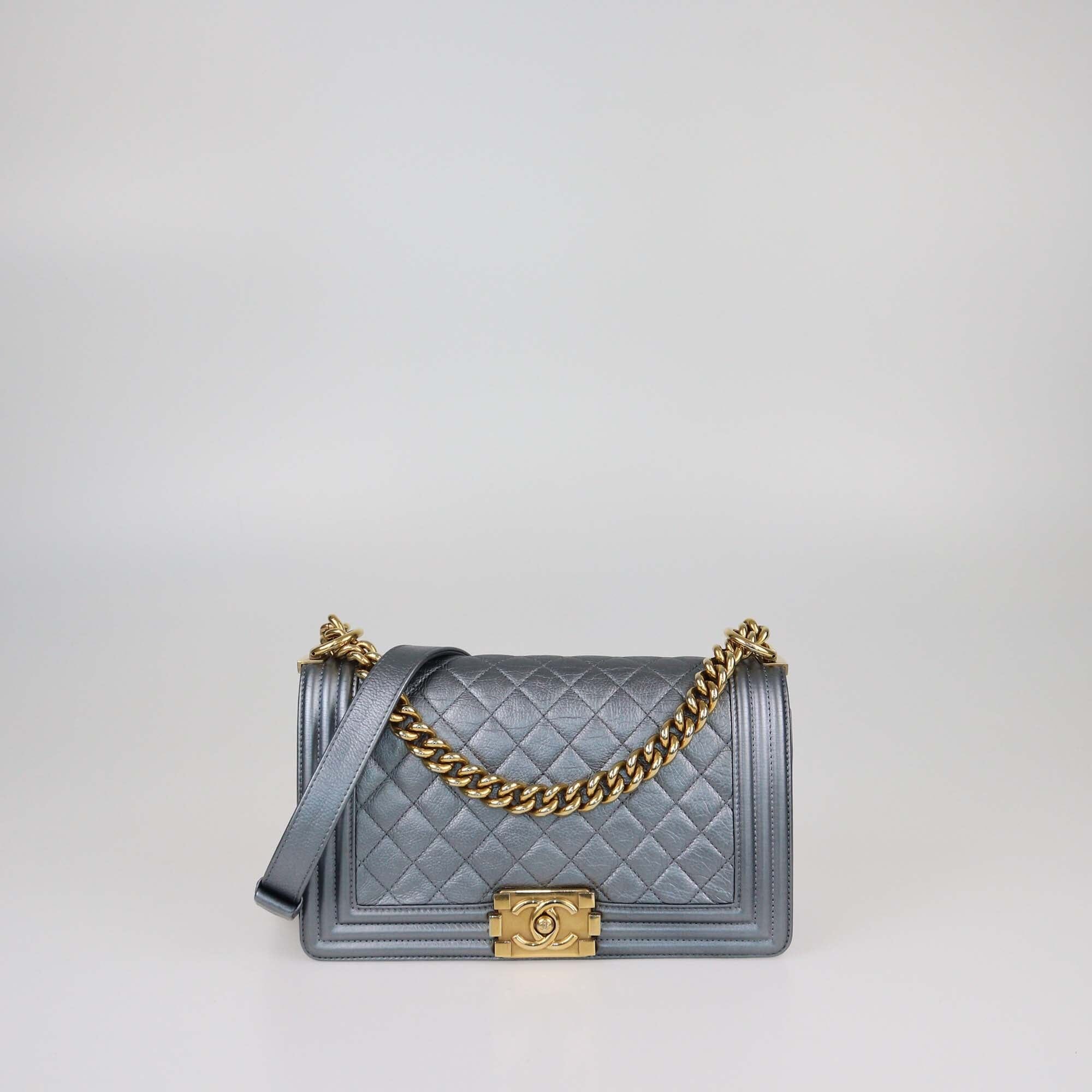 Chanel Metallic Grey Quilted Medium Boy Flap Bag Womens Chanel 