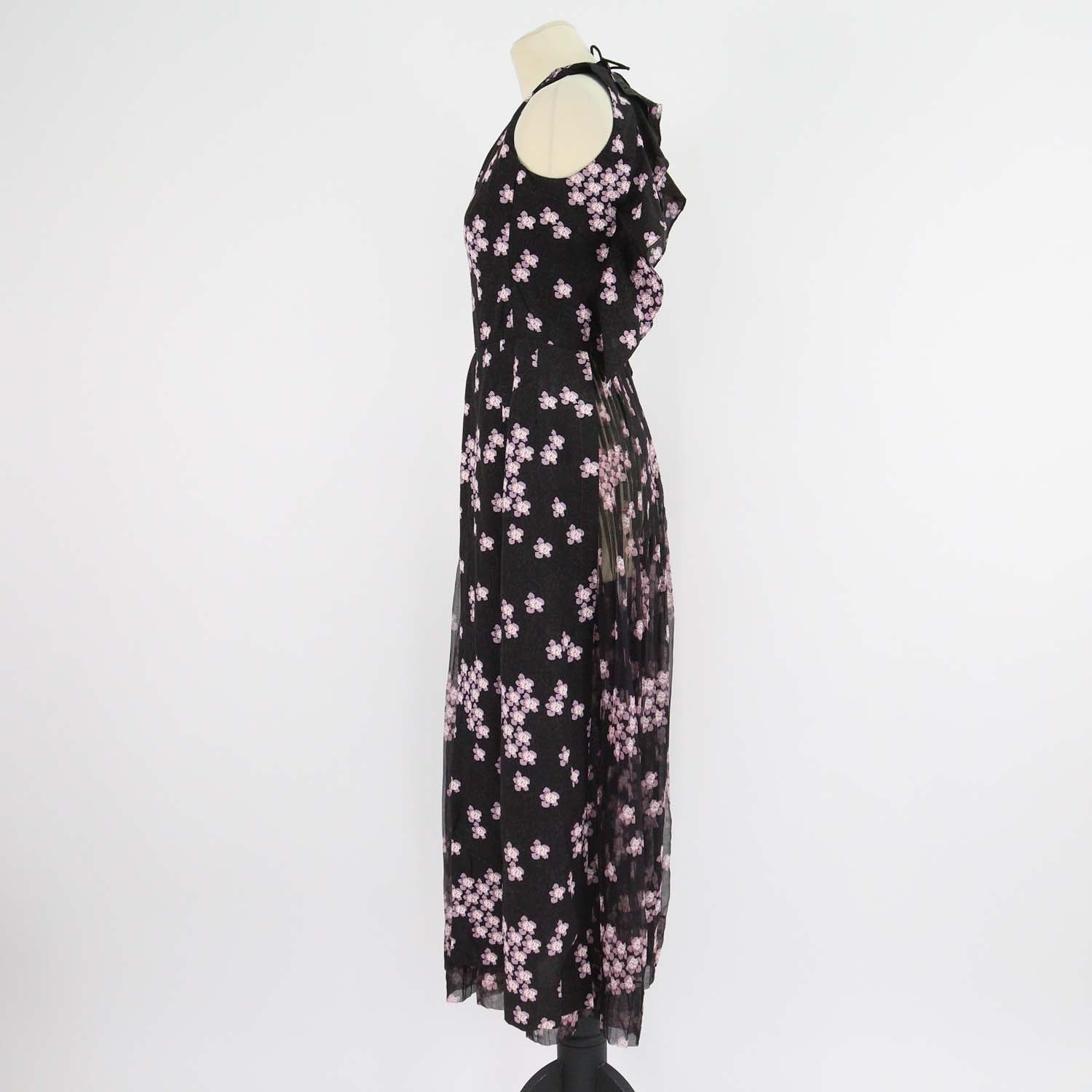 Marni Black/Pink Blend Silk Printed Sakura V-Neck Midi Dress