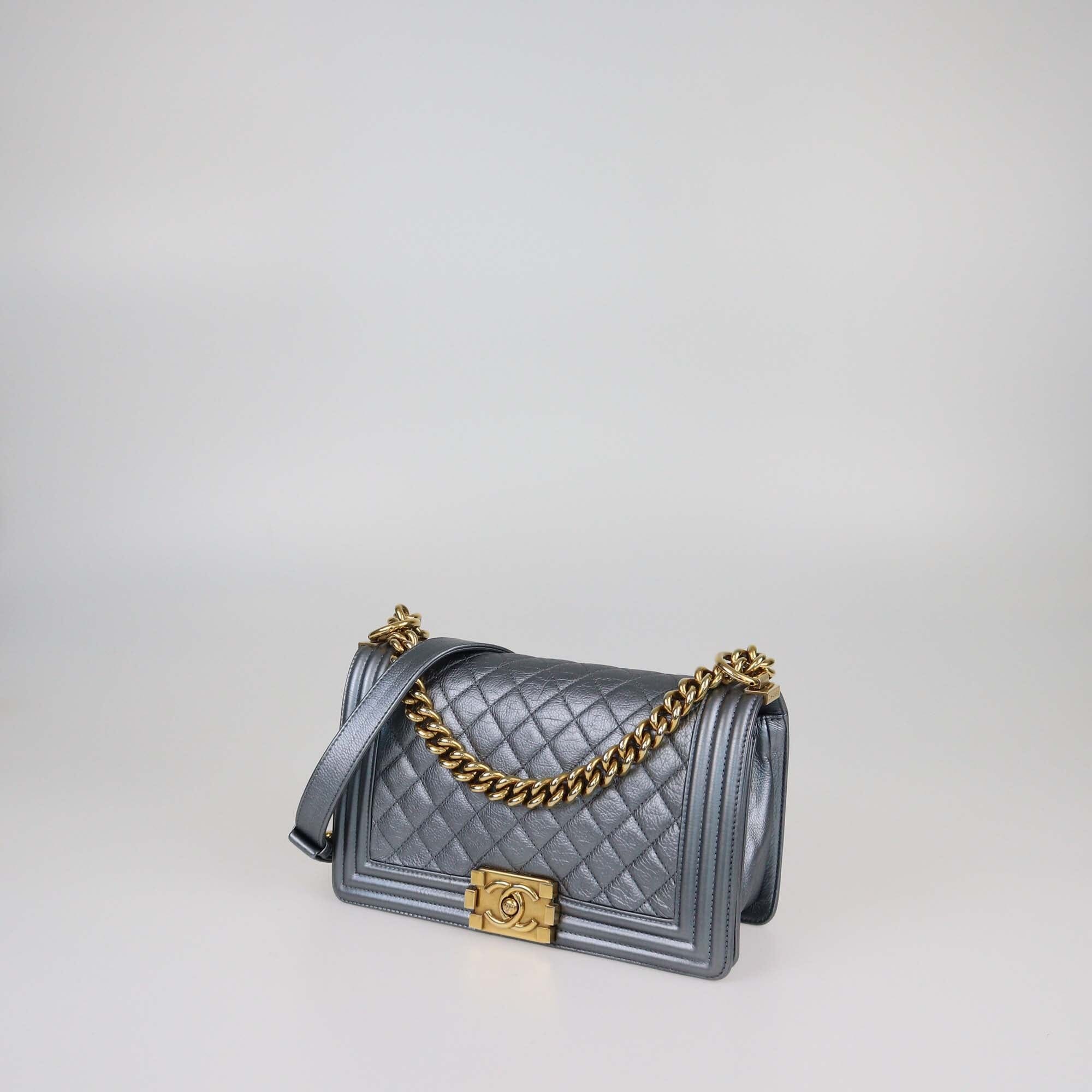 Chanel Metallic Grey Quilted Medium Boy Flap Bag Womens Chanel 
