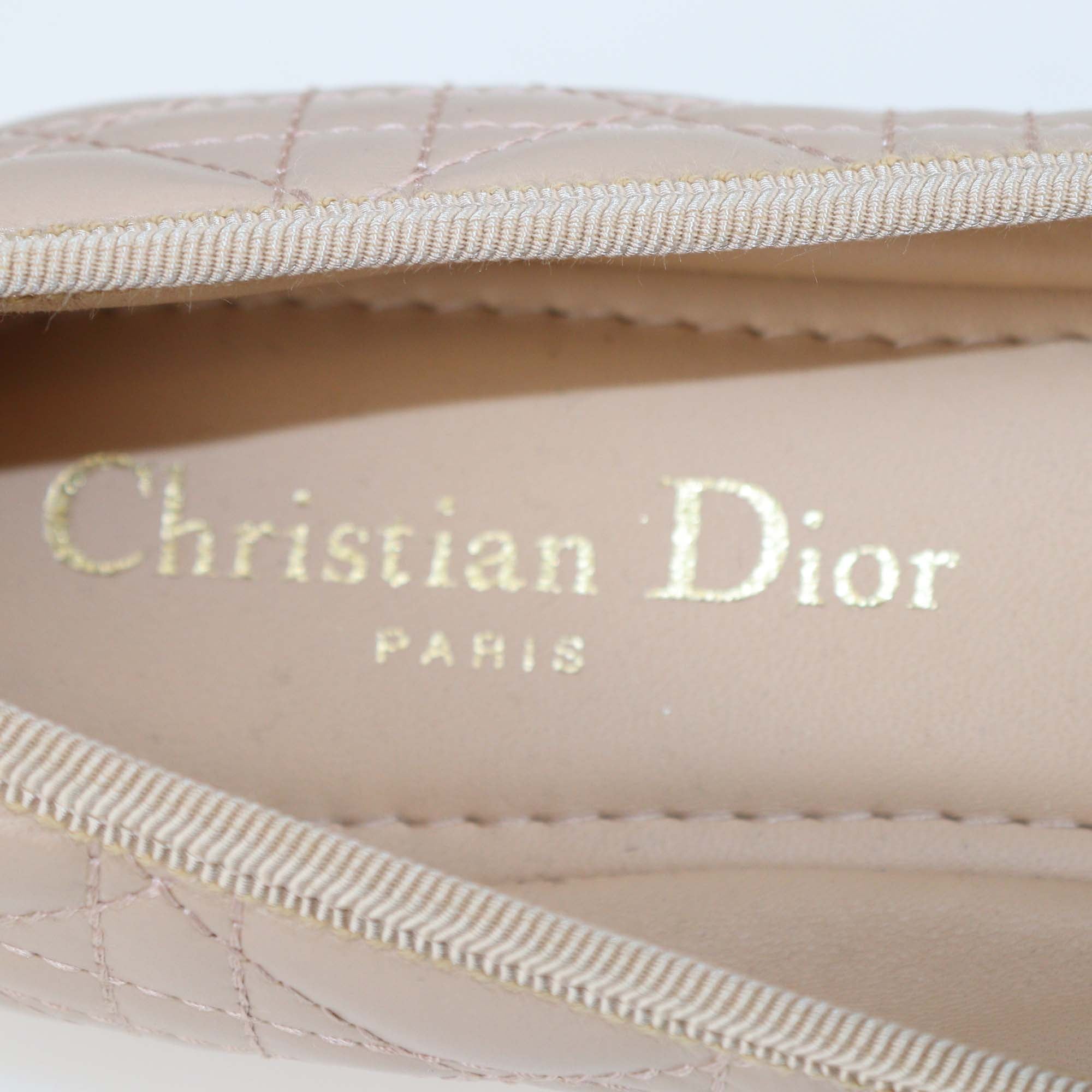 Christian Dior Beige Leather Pearl Bow Cannage Ballet Flats