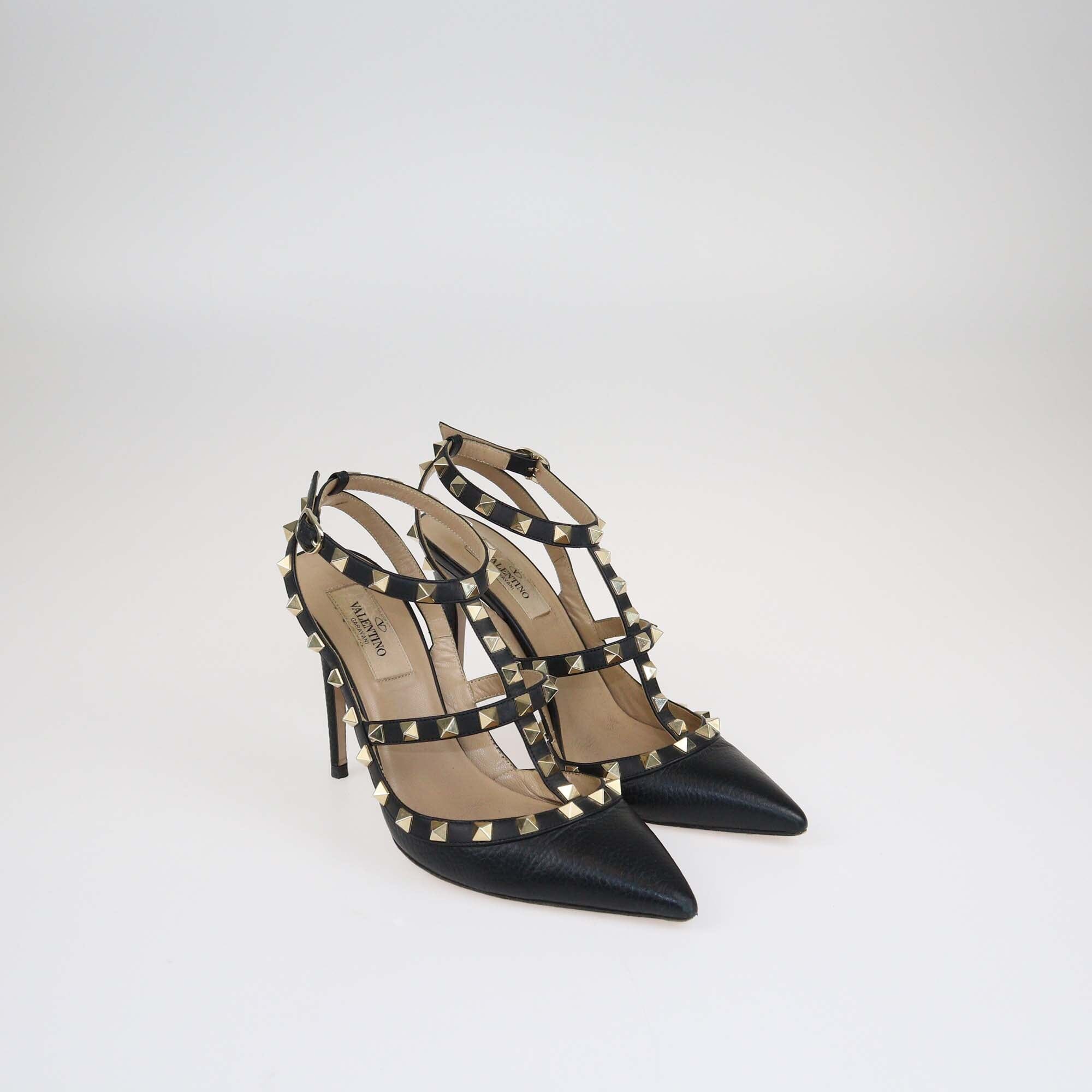 Valentino Black Rockstud Pointed Toe Ankle Strap Pumps Shoes Valentino 