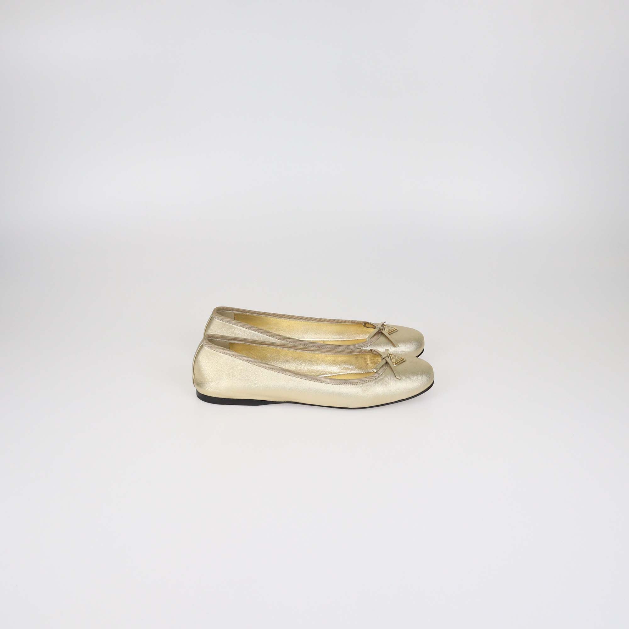 Prada Metallic Gold Leather Logo Bow Ballerina Flats