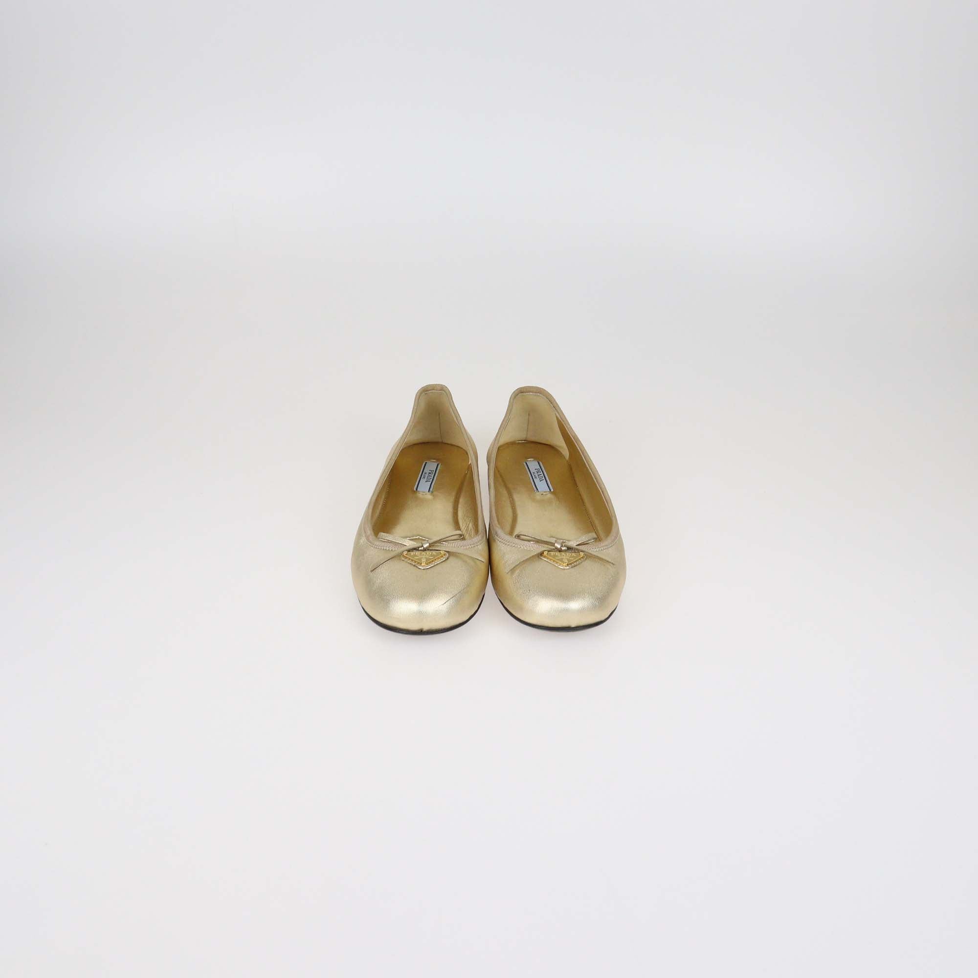Prada Metallic Gold Leather Logo Bow Ballerina Flats