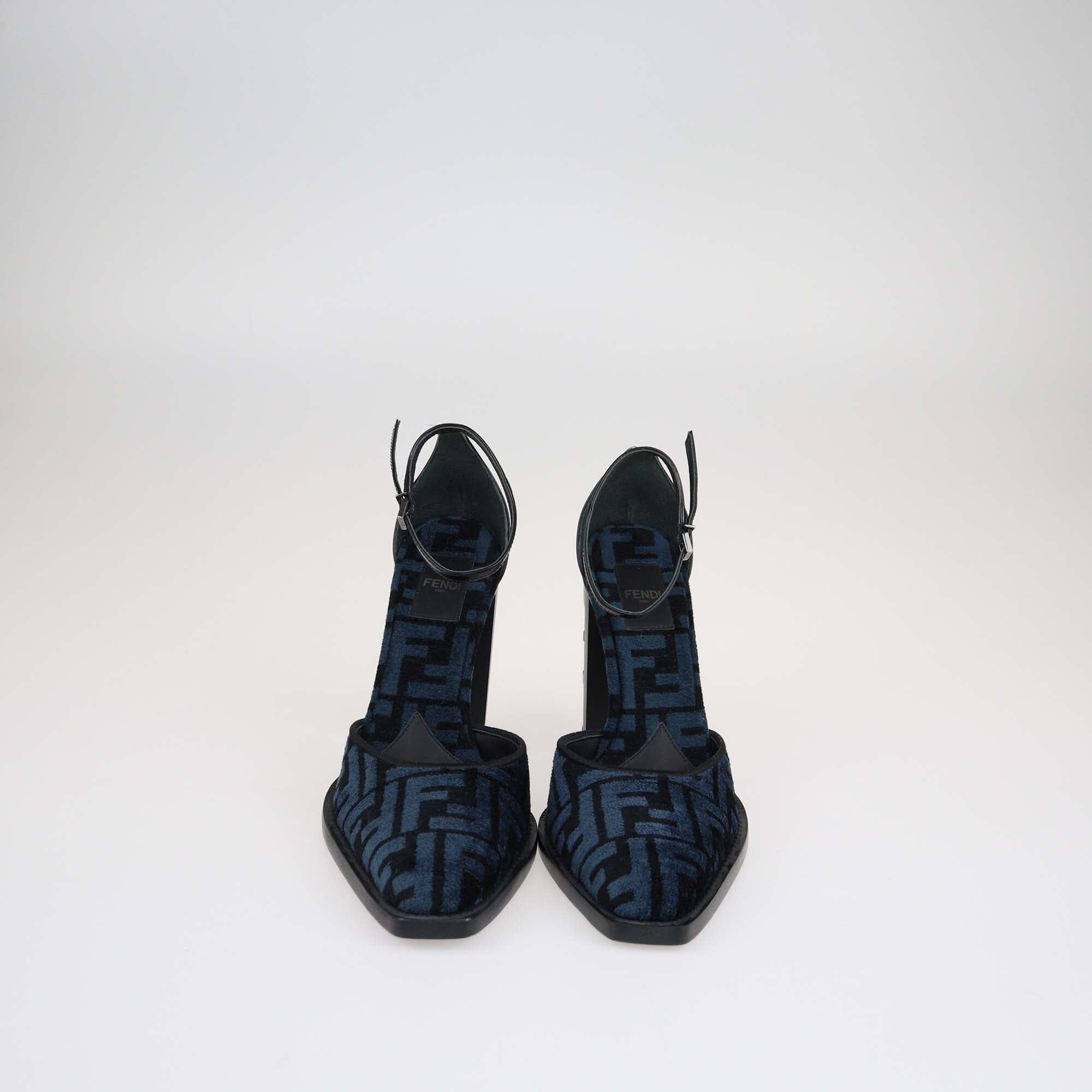 Fendi Black/Blue FF Ankle Strap Chenille Pumps Shoes Fendi 