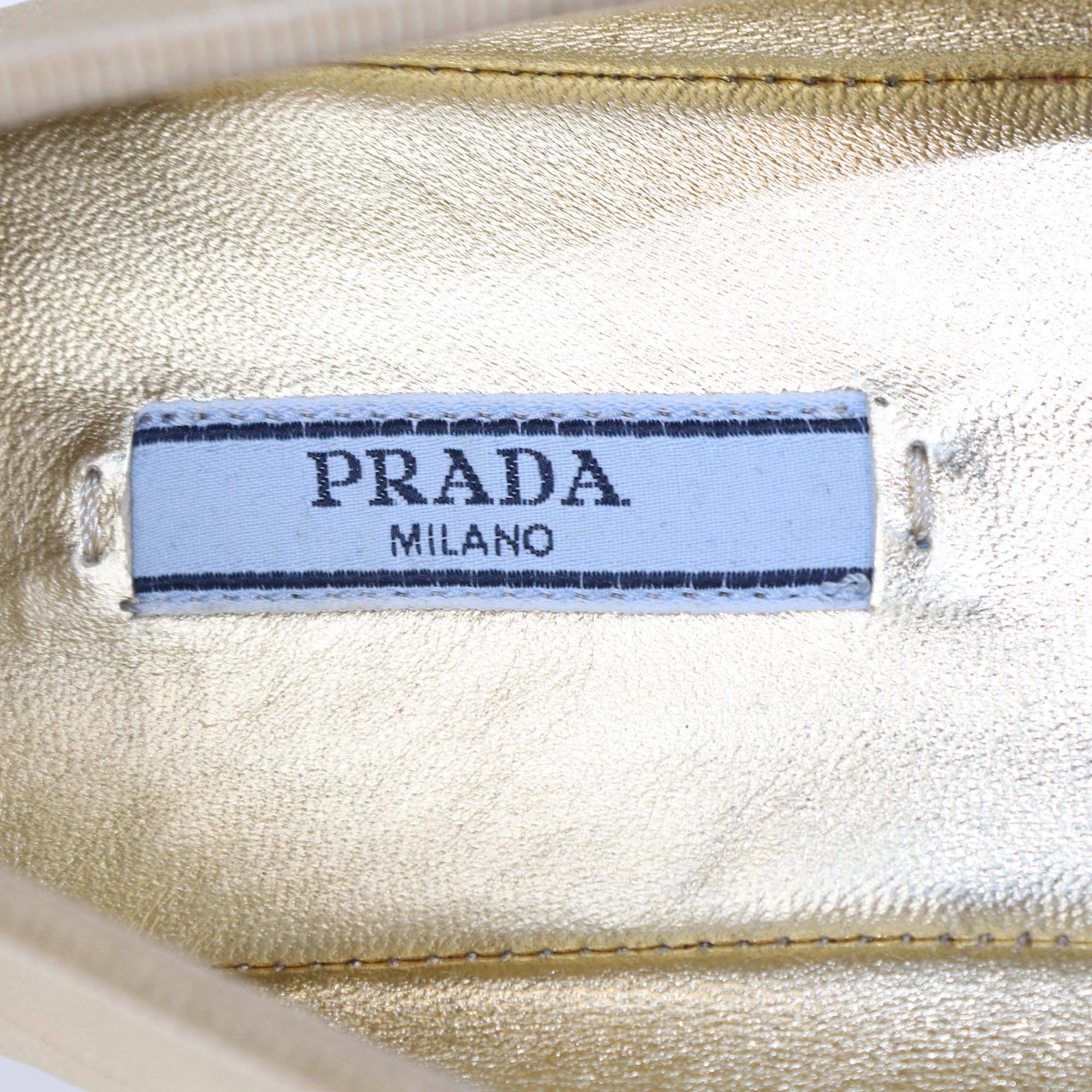 Prada Metallic Gold Leather Logo Bow Ballerina Flats