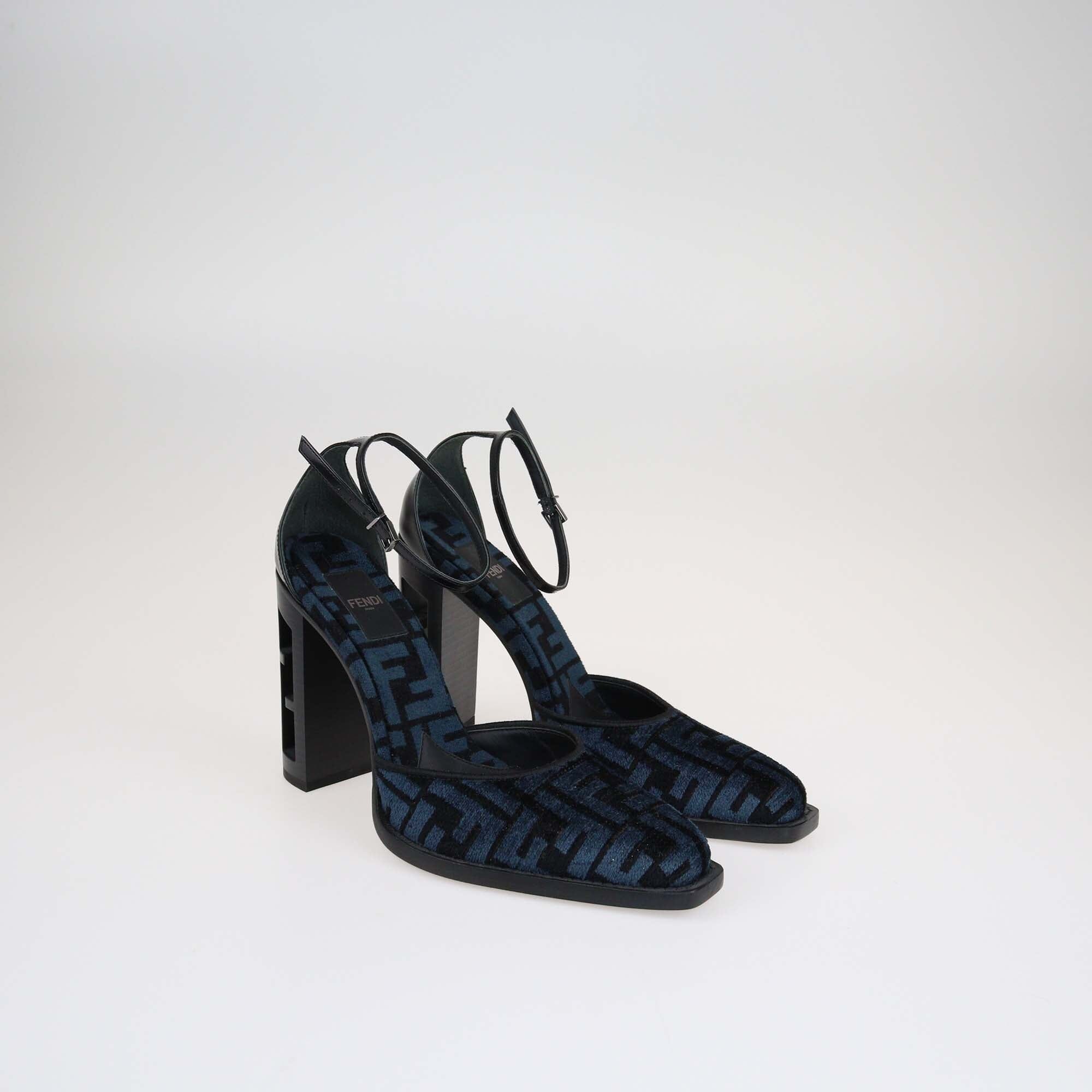 Fendi Black/Blue FF Ankle Strap Chenille Pumps Shoes Fendi 