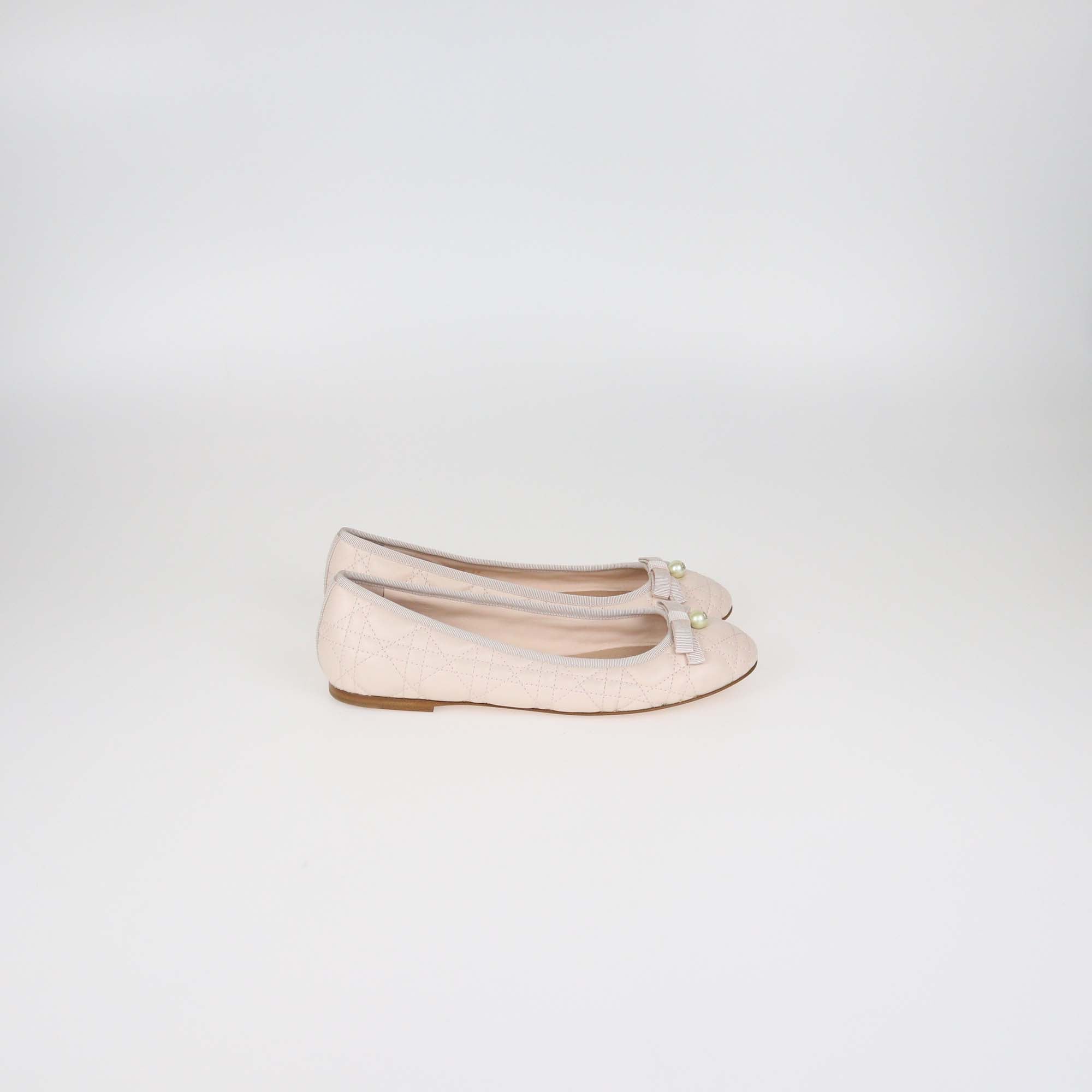 Christian Dior Powder Pink Leather Pearl Bow Cannage Ballet Flats
